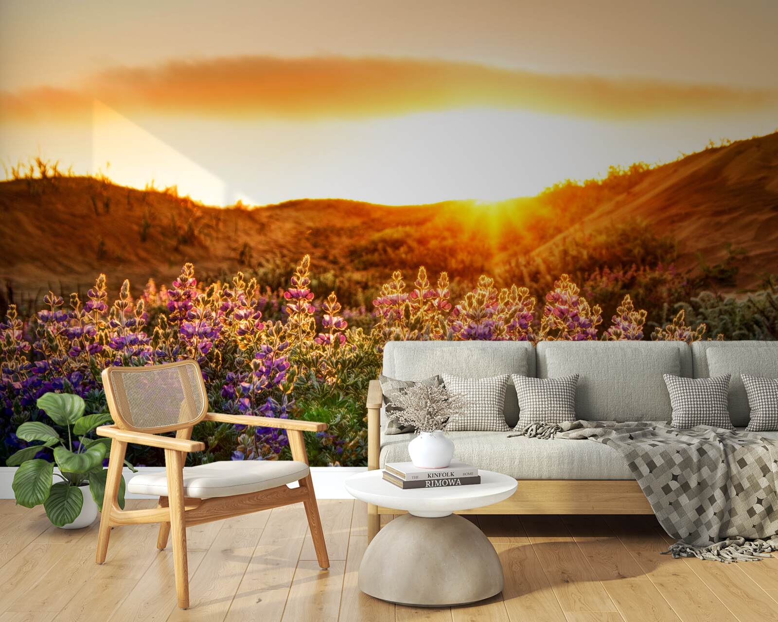 Фотошпалери Польові квіти на тлі заходу сонця