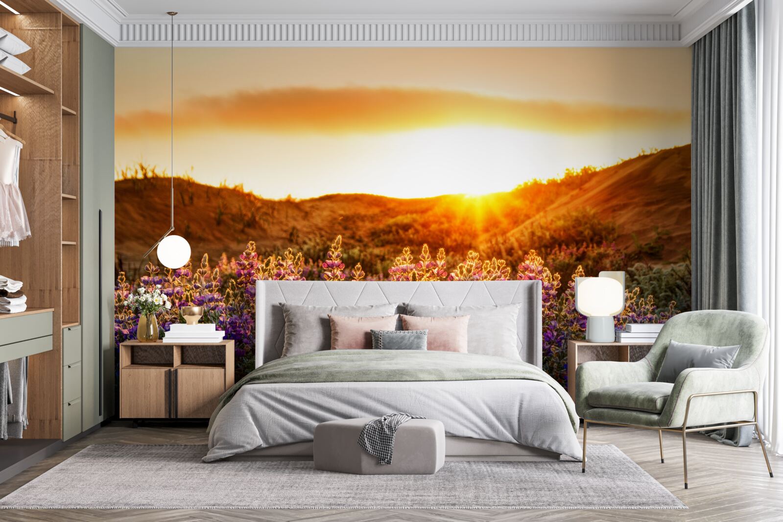 Фотошпалери Польові квіти на тлі заходу сонця