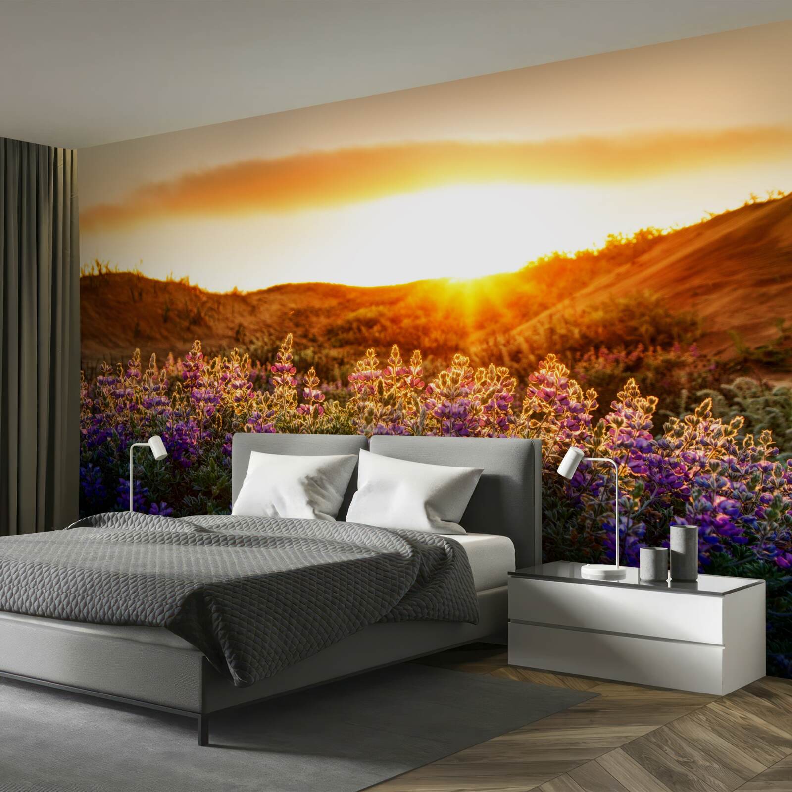 Фотошпалери Польові квіти на тлі заходу сонця