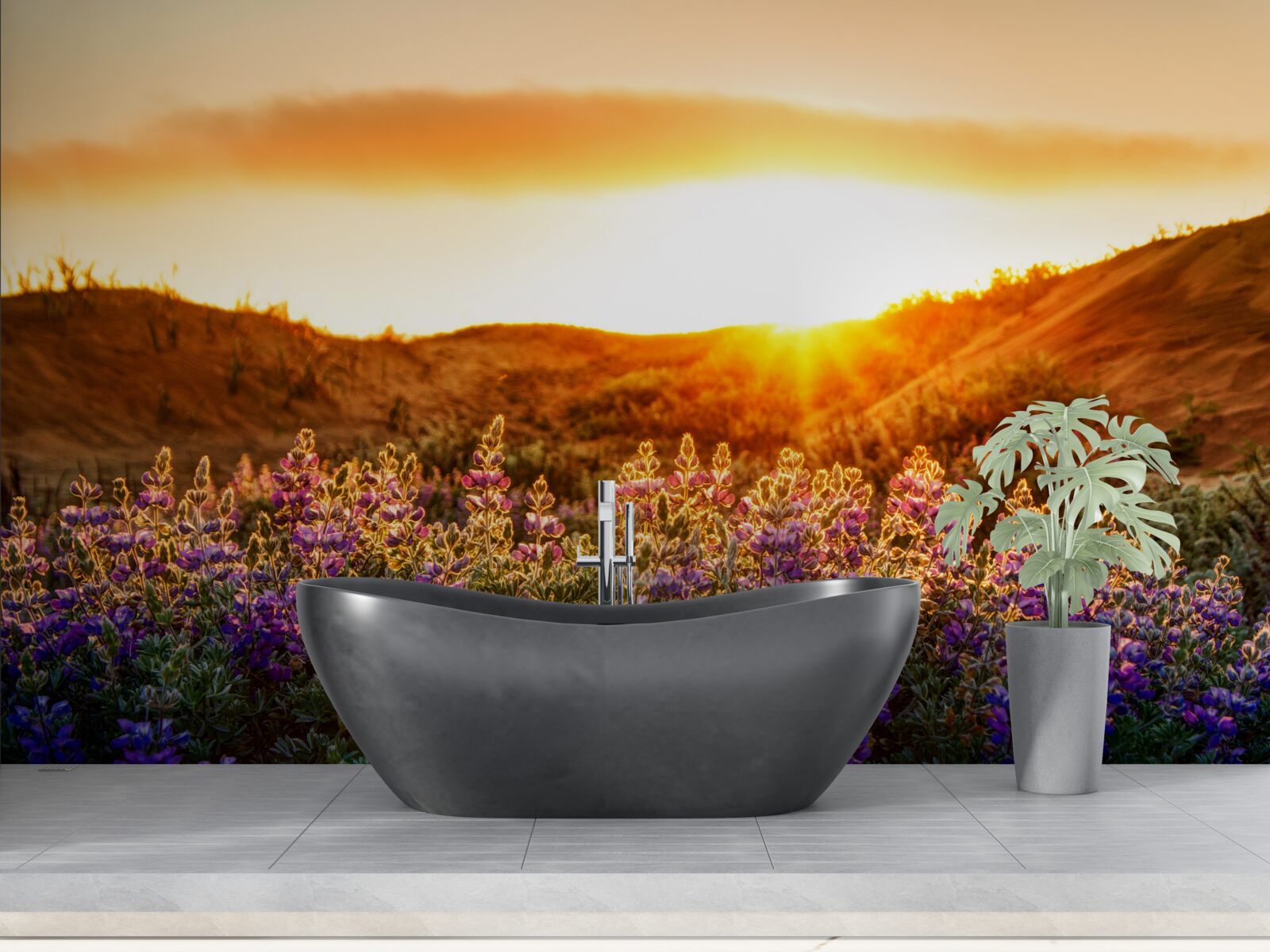 Фотошпалери Польові квіти на тлі заходу сонця