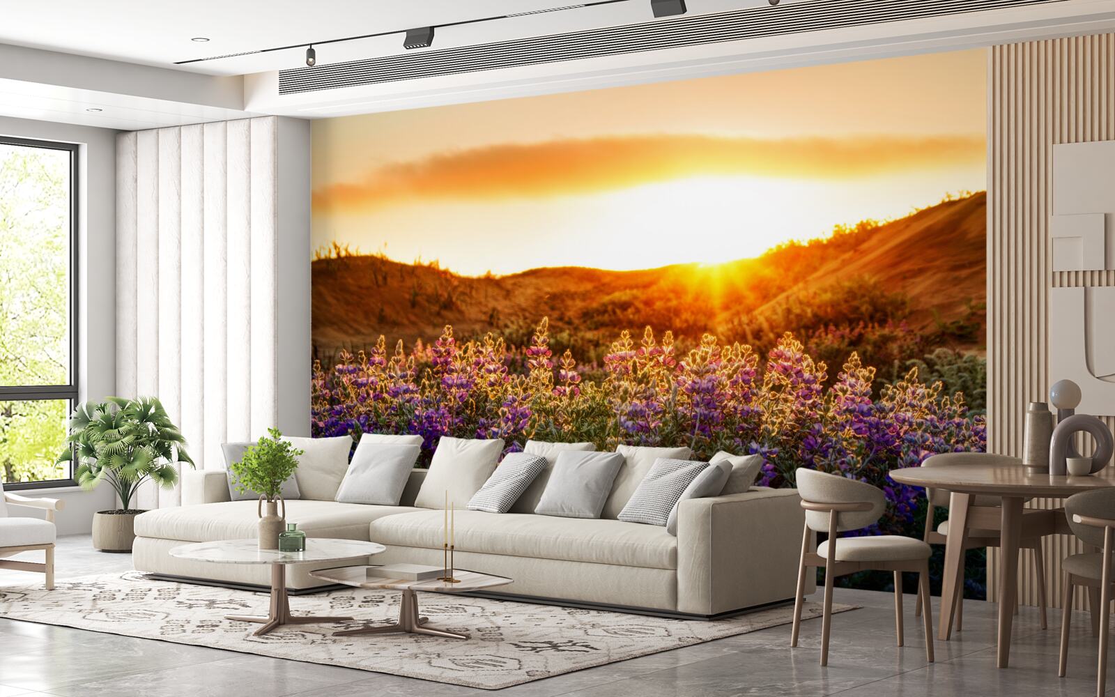 Фотошпалери Польові квіти на тлі заходу сонця