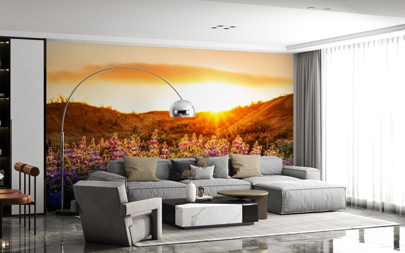 Фотошпалери Польові квіти на тлі заходу сонця