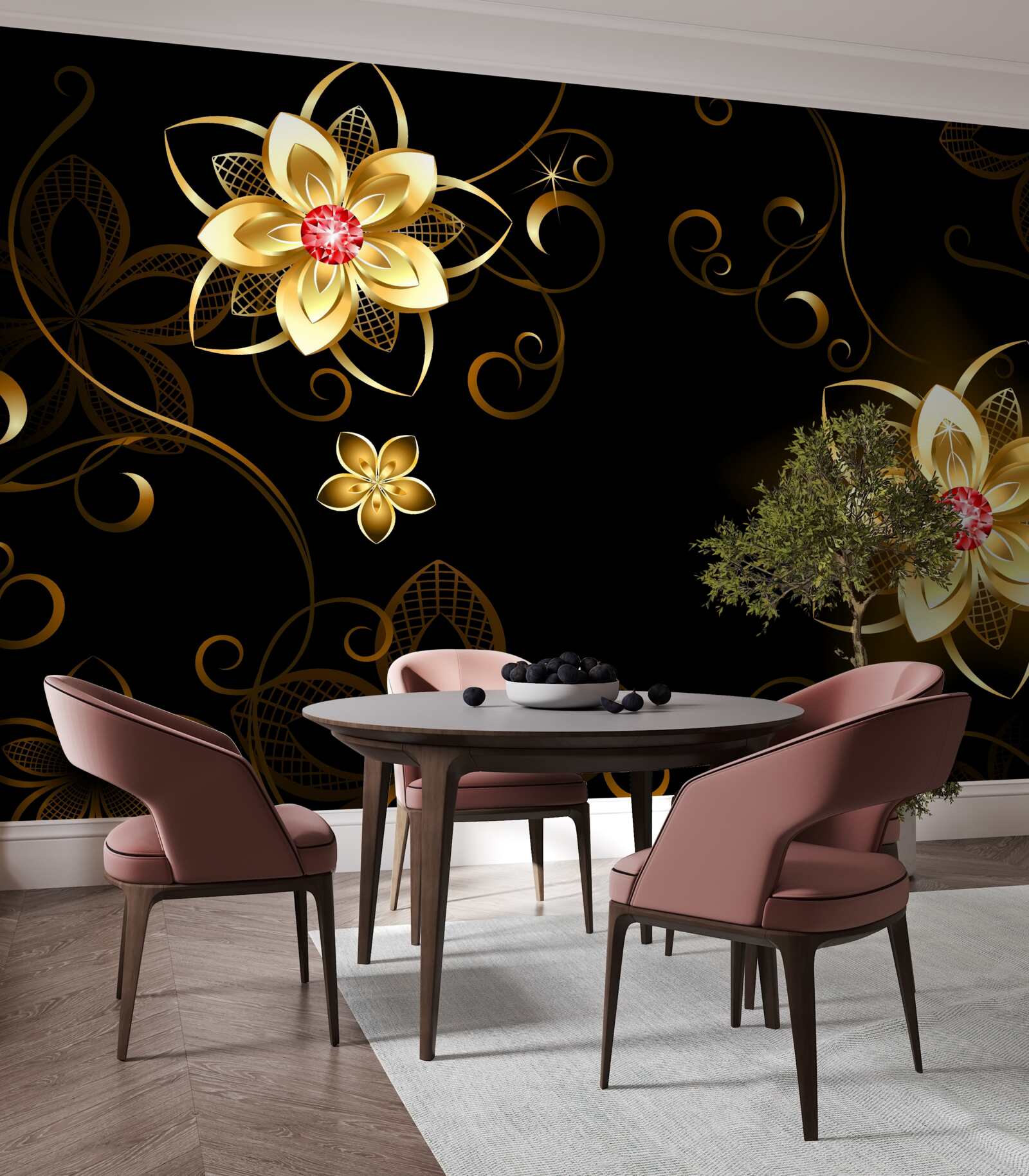 Фотошпалери золоті квіти на чорному тлі