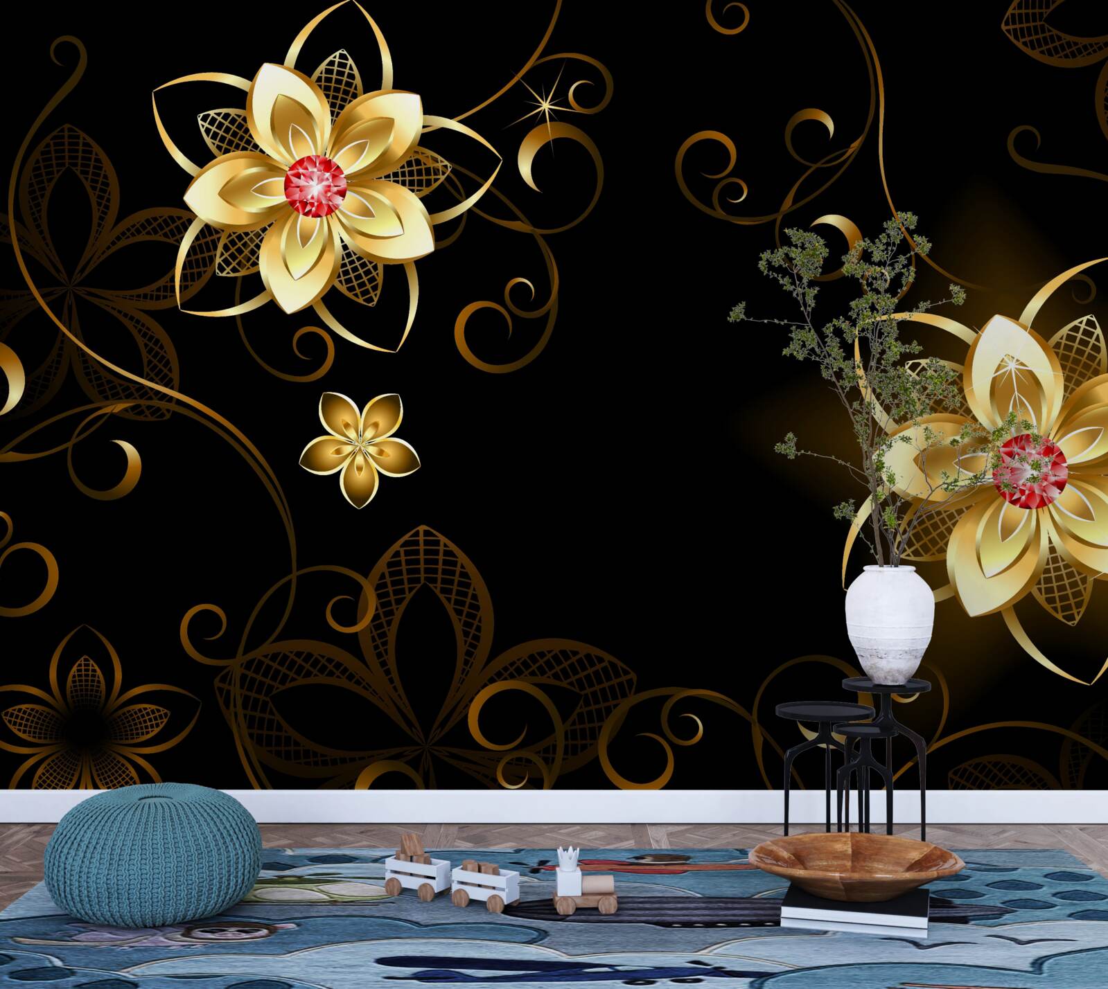 Фотошпалери золоті квіти на чорному тлі