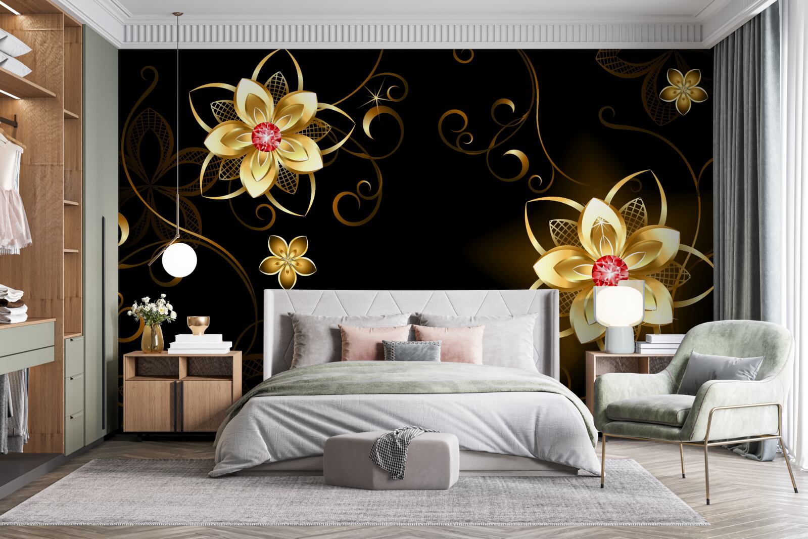 Фотошпалери золоті квіти на чорному тлі