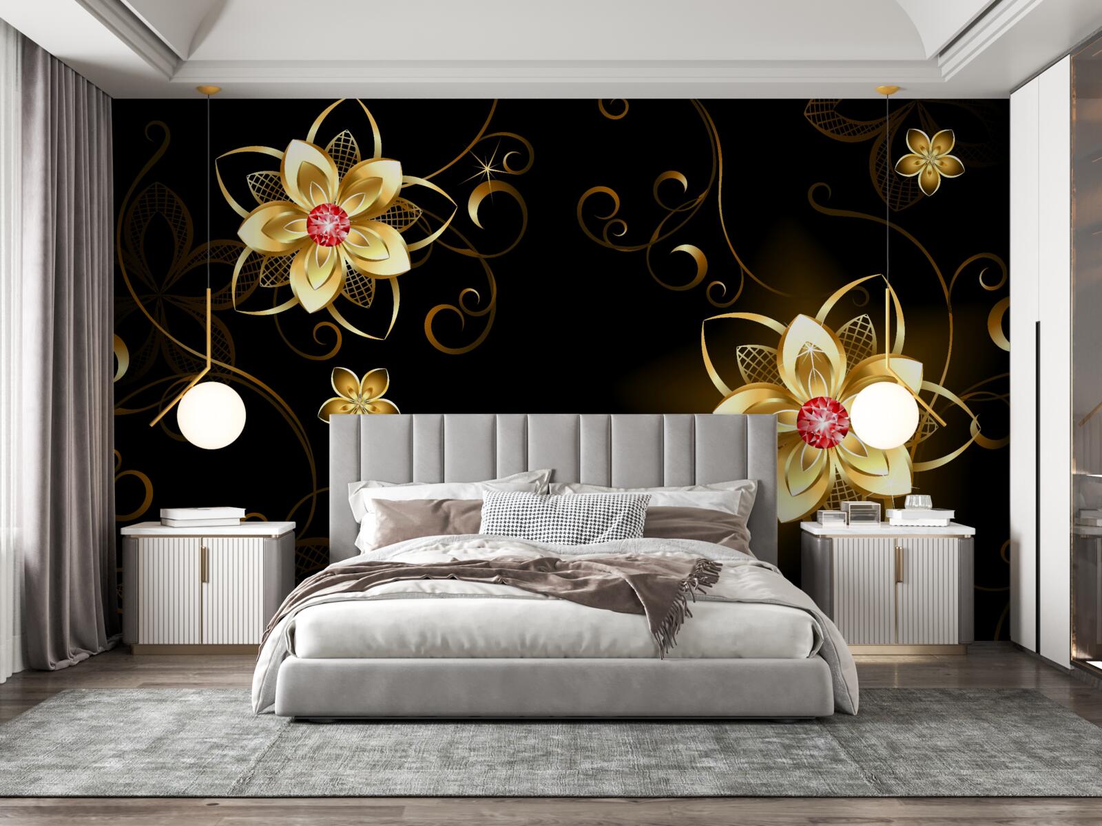 Фотошпалери золоті квіти на чорному тлі