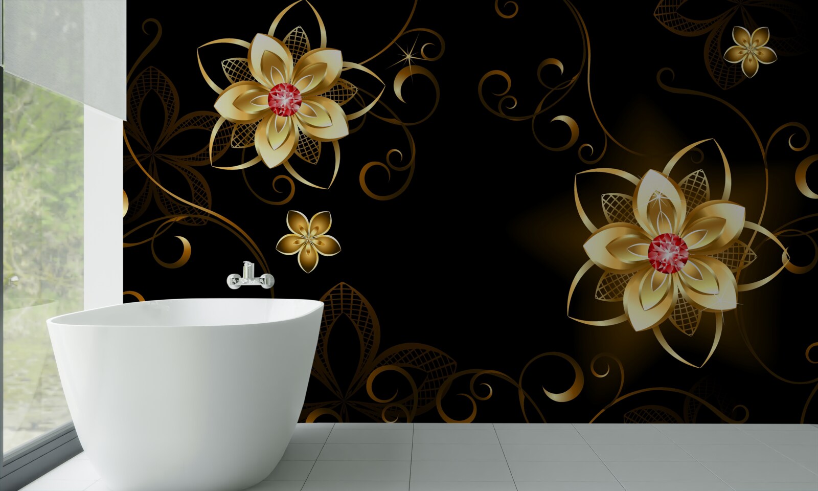 Фотошпалери золоті квіти на чорному тлі