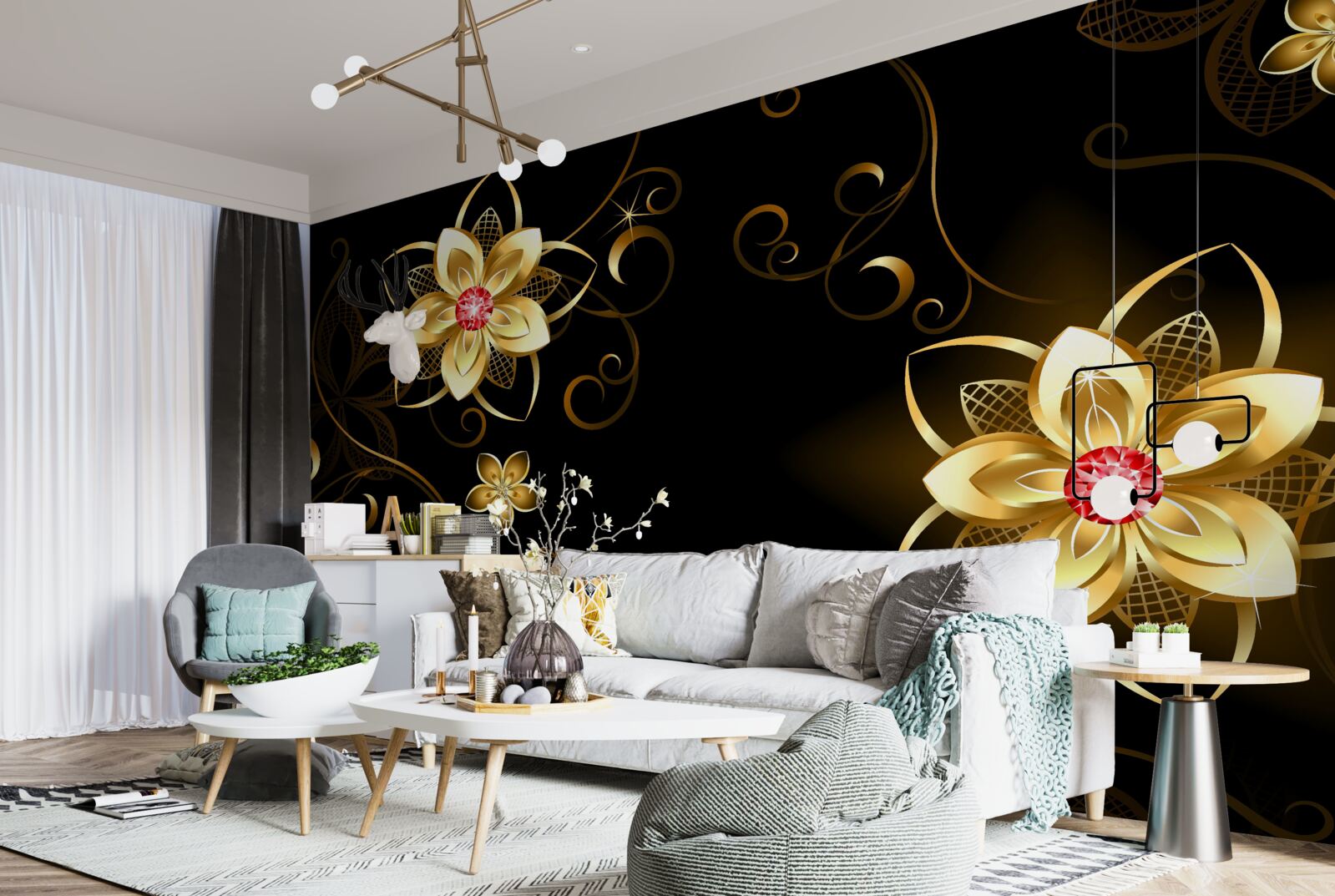 Фотошпалери золоті квіти на чорному тлі