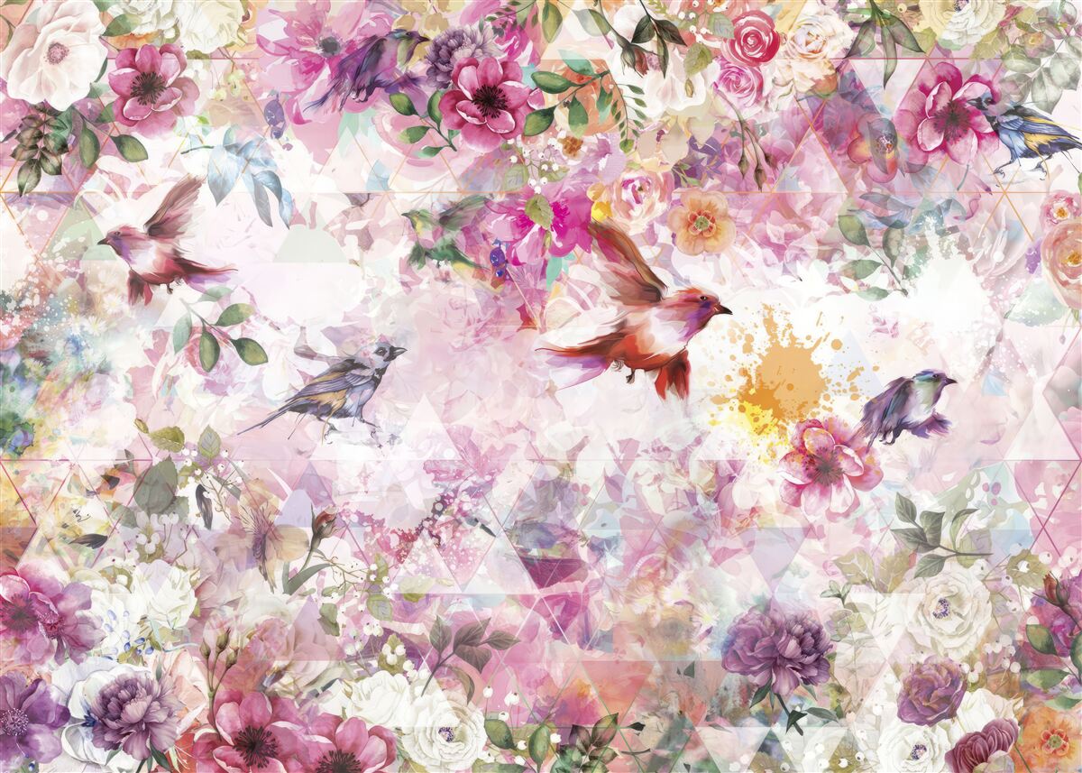 Фотошпалери фон з квітами та птахами