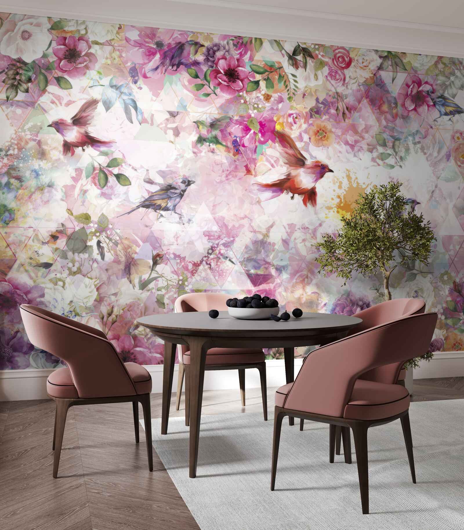 Фотошпалери фон з квітами та птахами