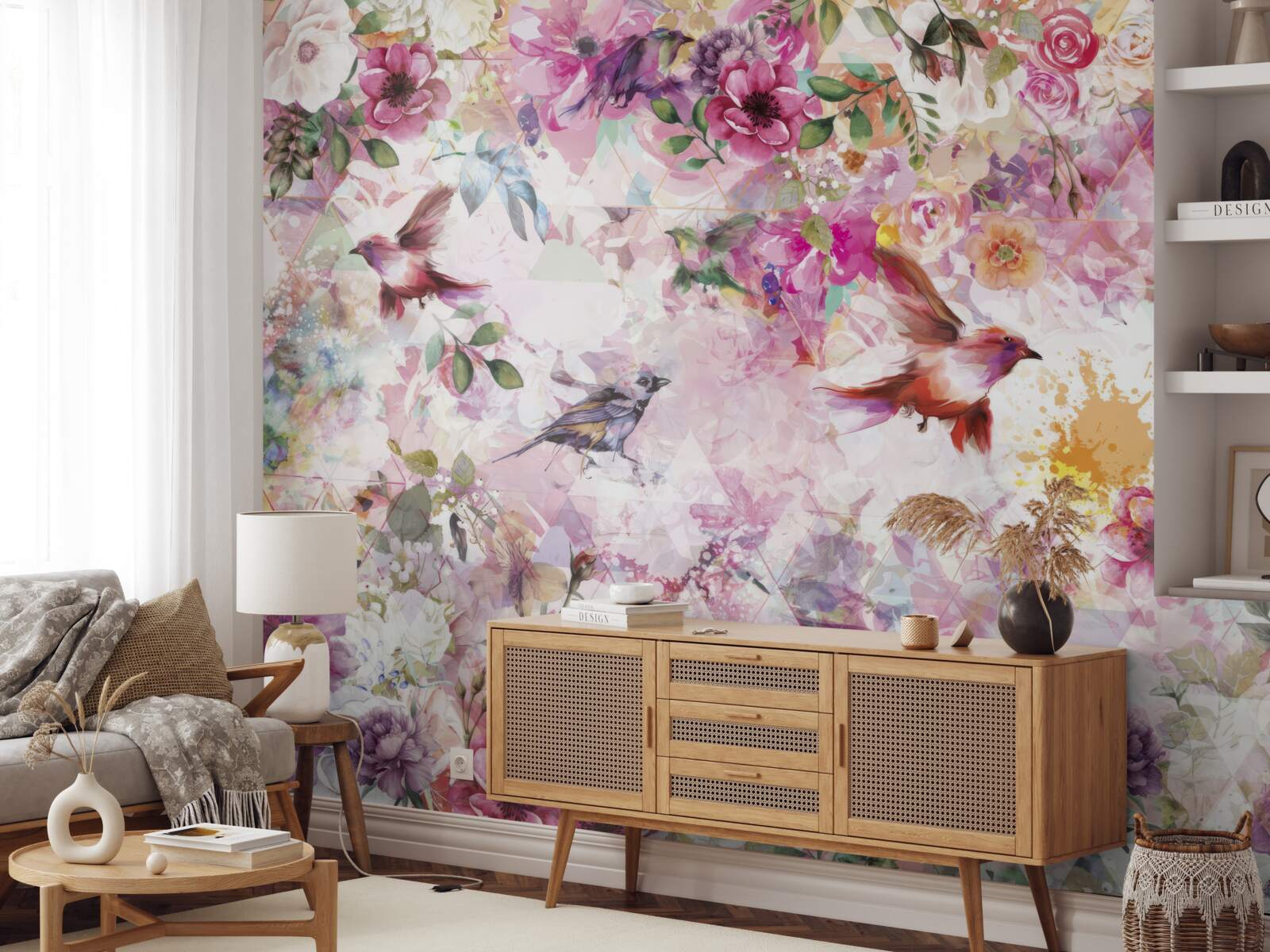 Фотошпалери фон з квітами та птахами