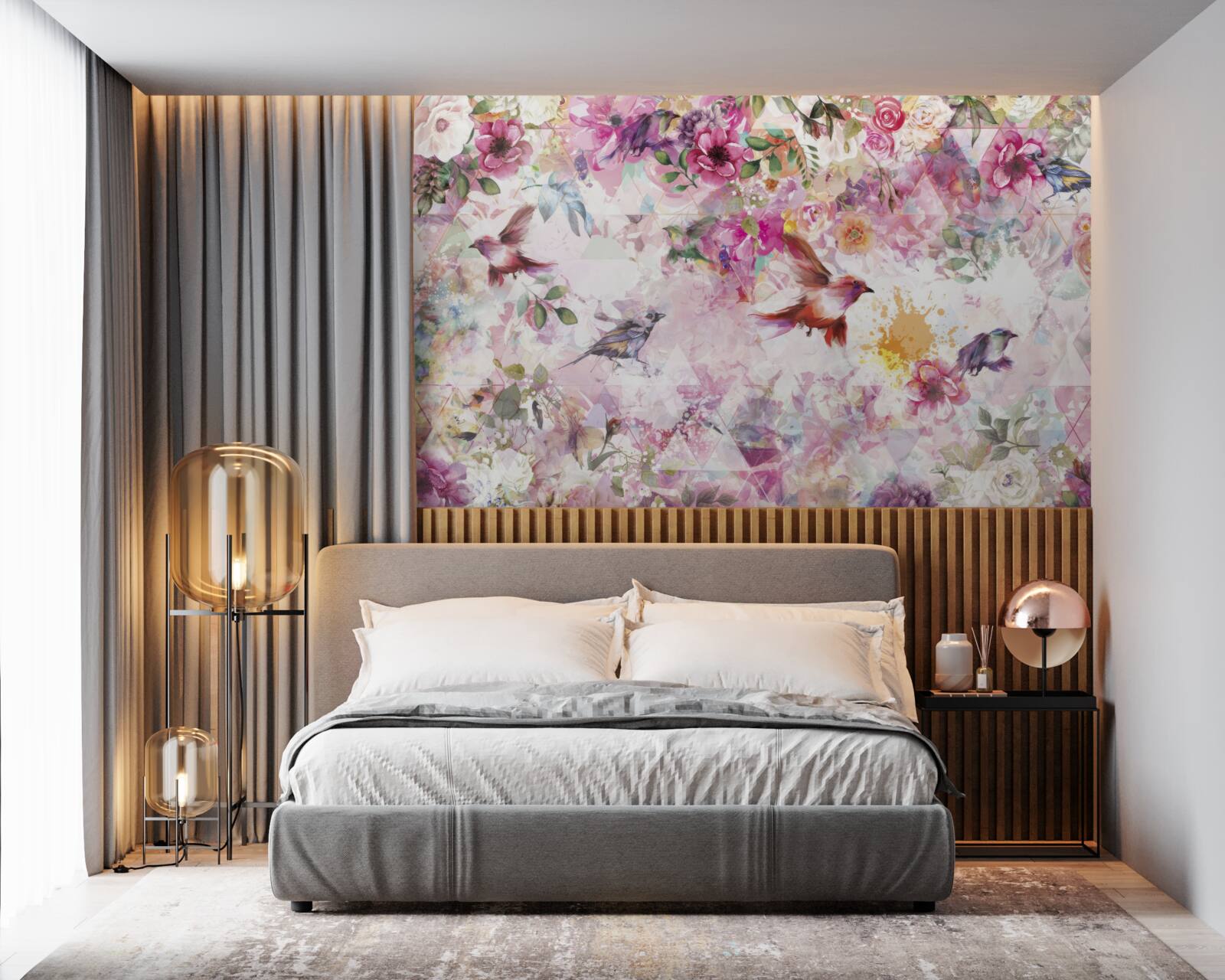 Фотошпалери фон з квітами та птахами