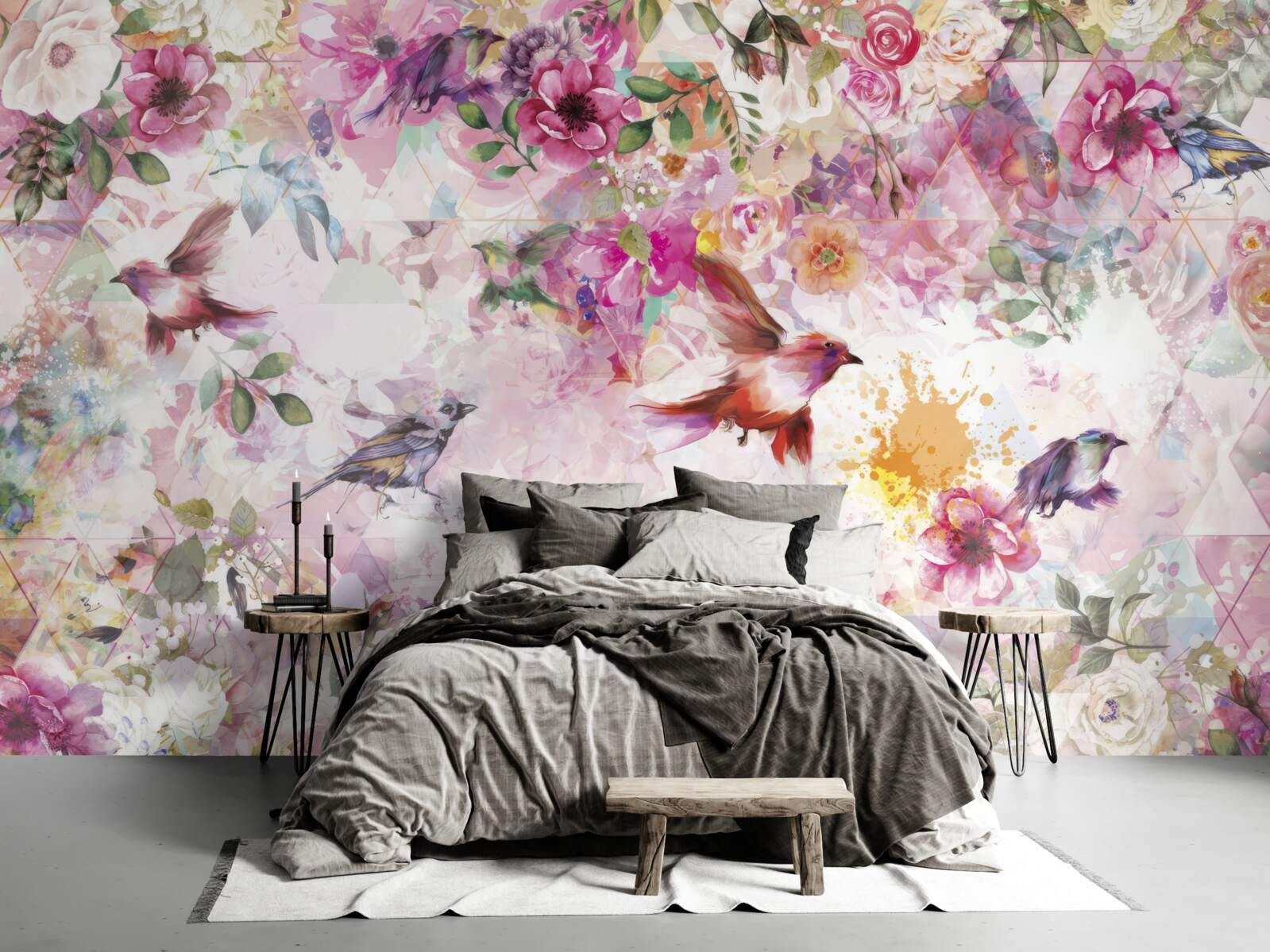 Фотошпалери фон з квітами та птахами