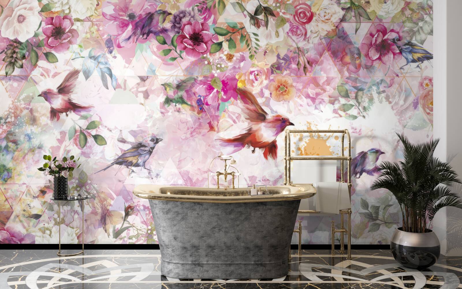 Фотошпалери фон з квітами та птахами