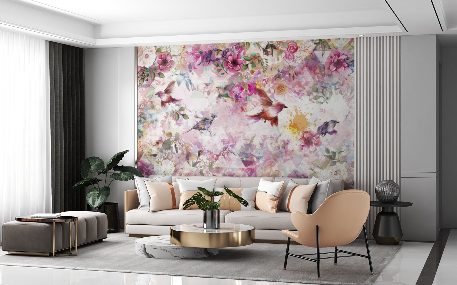 Фотошпалери фон з квітами та птахами