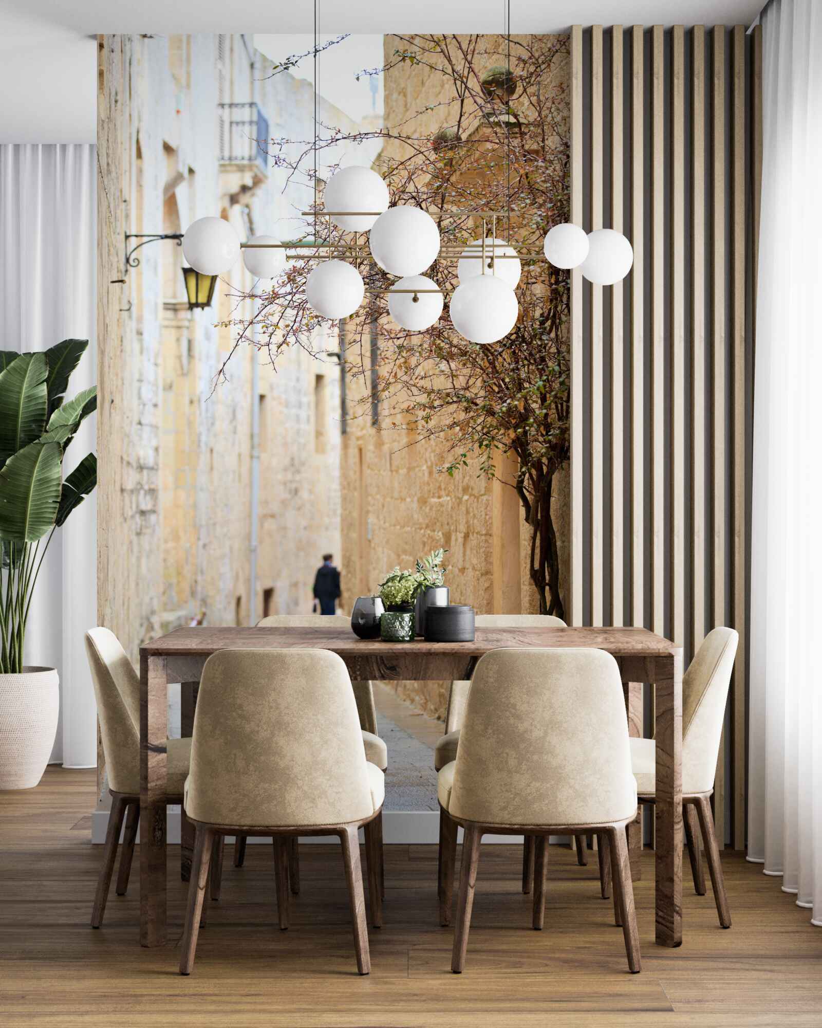 Фотошпалери на вузькій вулиці стоять чоловік і дерево