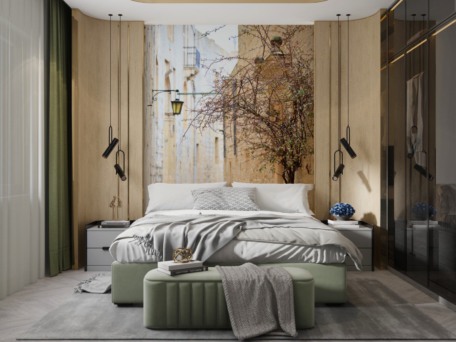 Фотошпалери на вузькій вулиці стоять чоловік і дерево