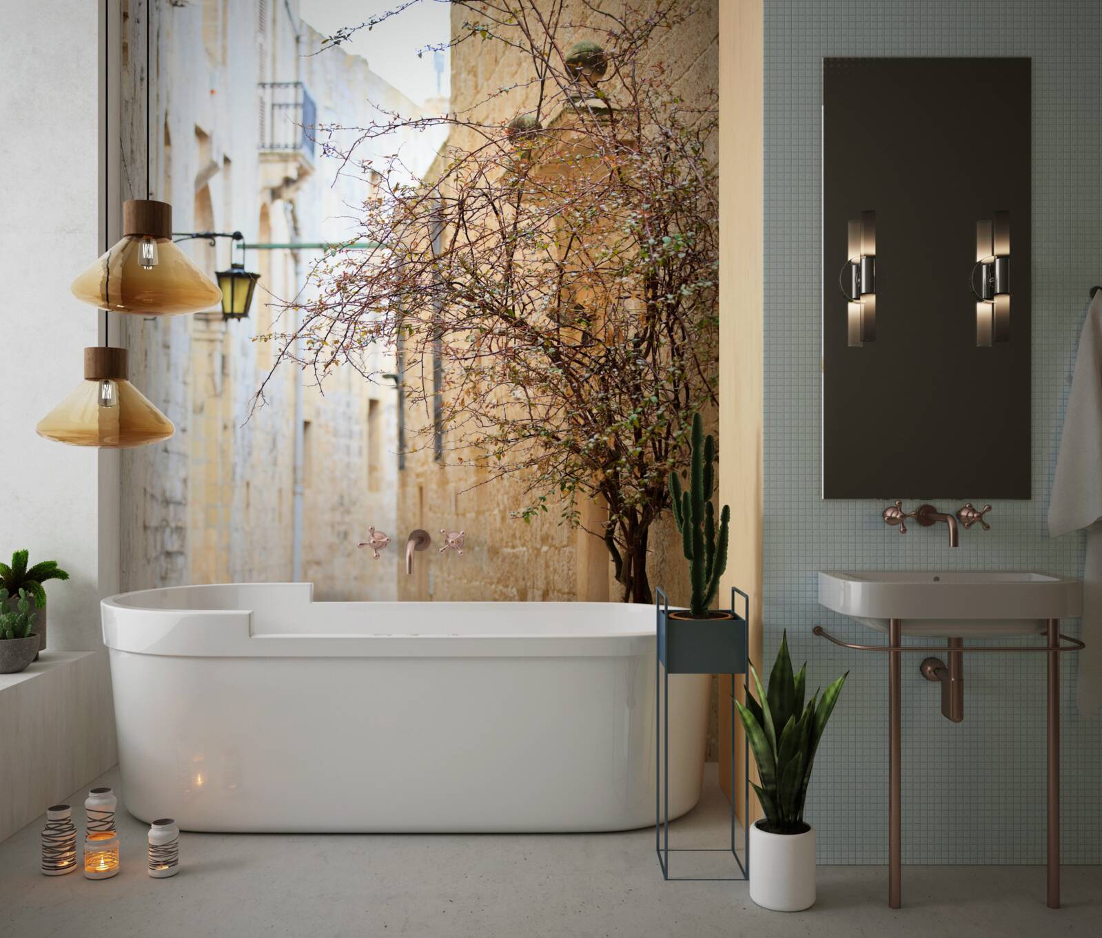 Фотошпалери на вузькій вулиці стоять чоловік і дерево