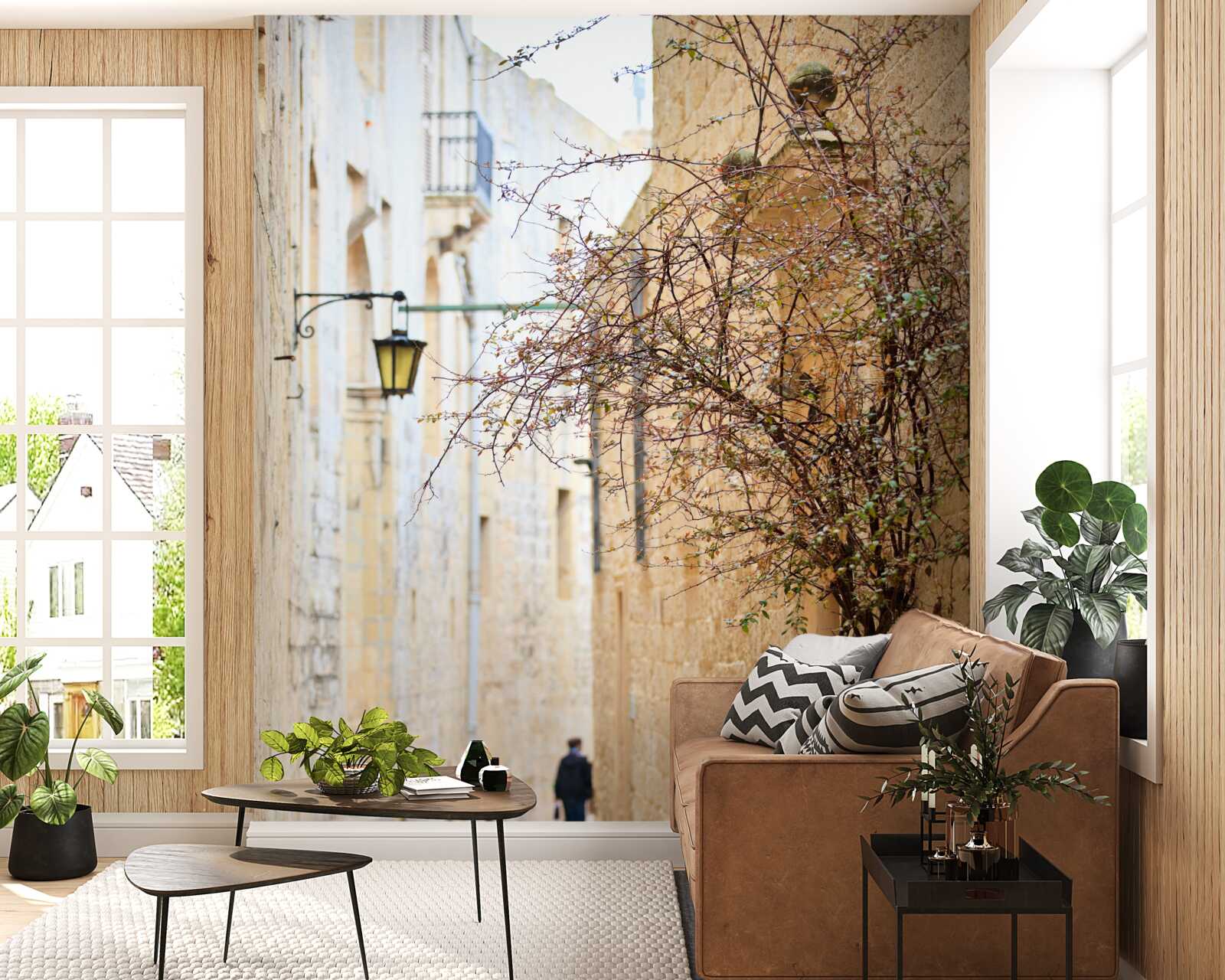 Фотошпалери на вузькій вулиці стоять чоловік і дерево