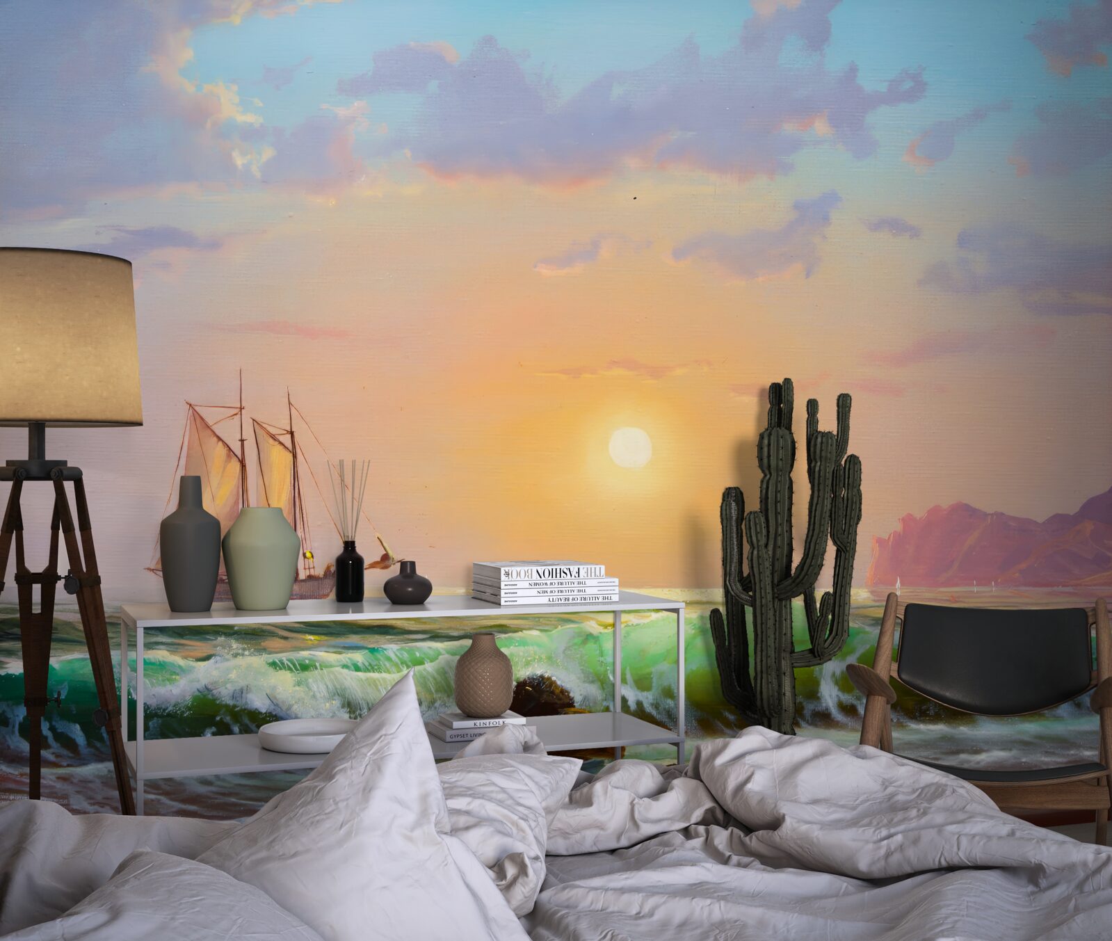 Фотошпалери корабель пливе на тлі заходу сонця