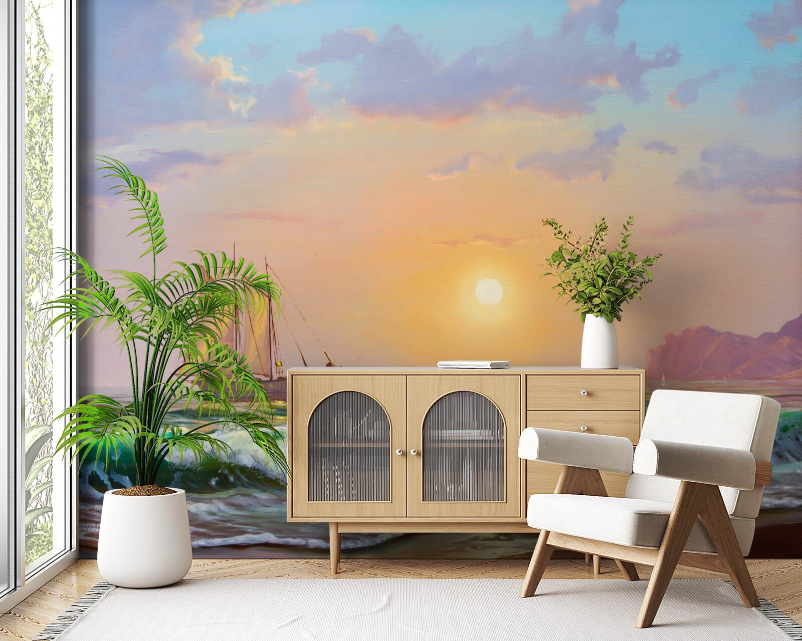 Фотошпалери корабель пливе на тлі заходу сонця