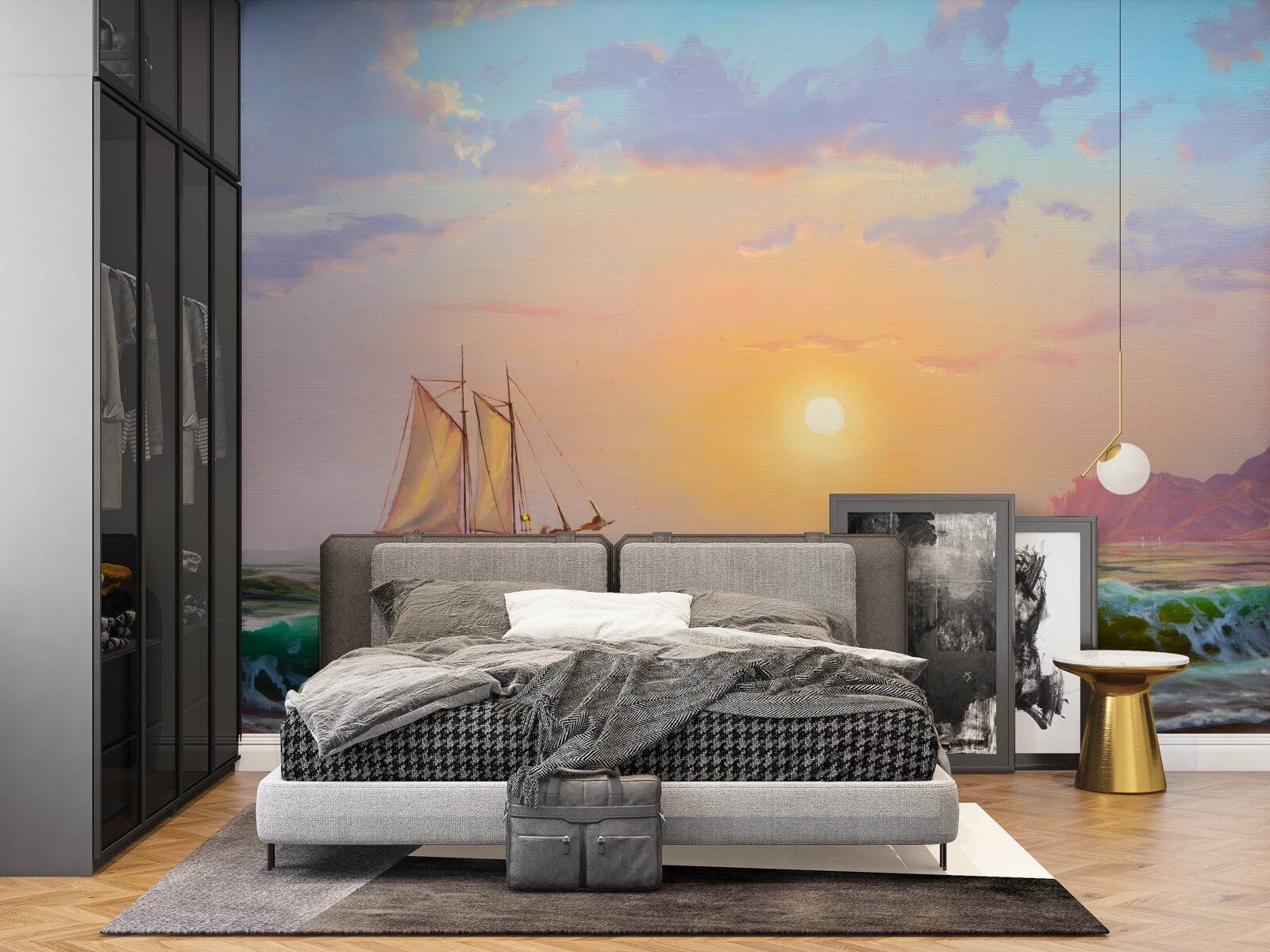 Фотошпалери корабель пливе на тлі заходу сонця