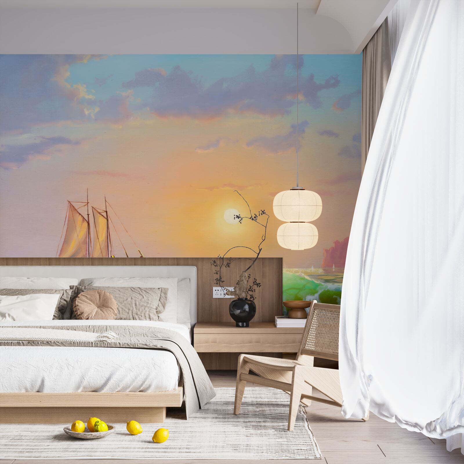 Фотошпалери корабель пливе на тлі заходу сонця