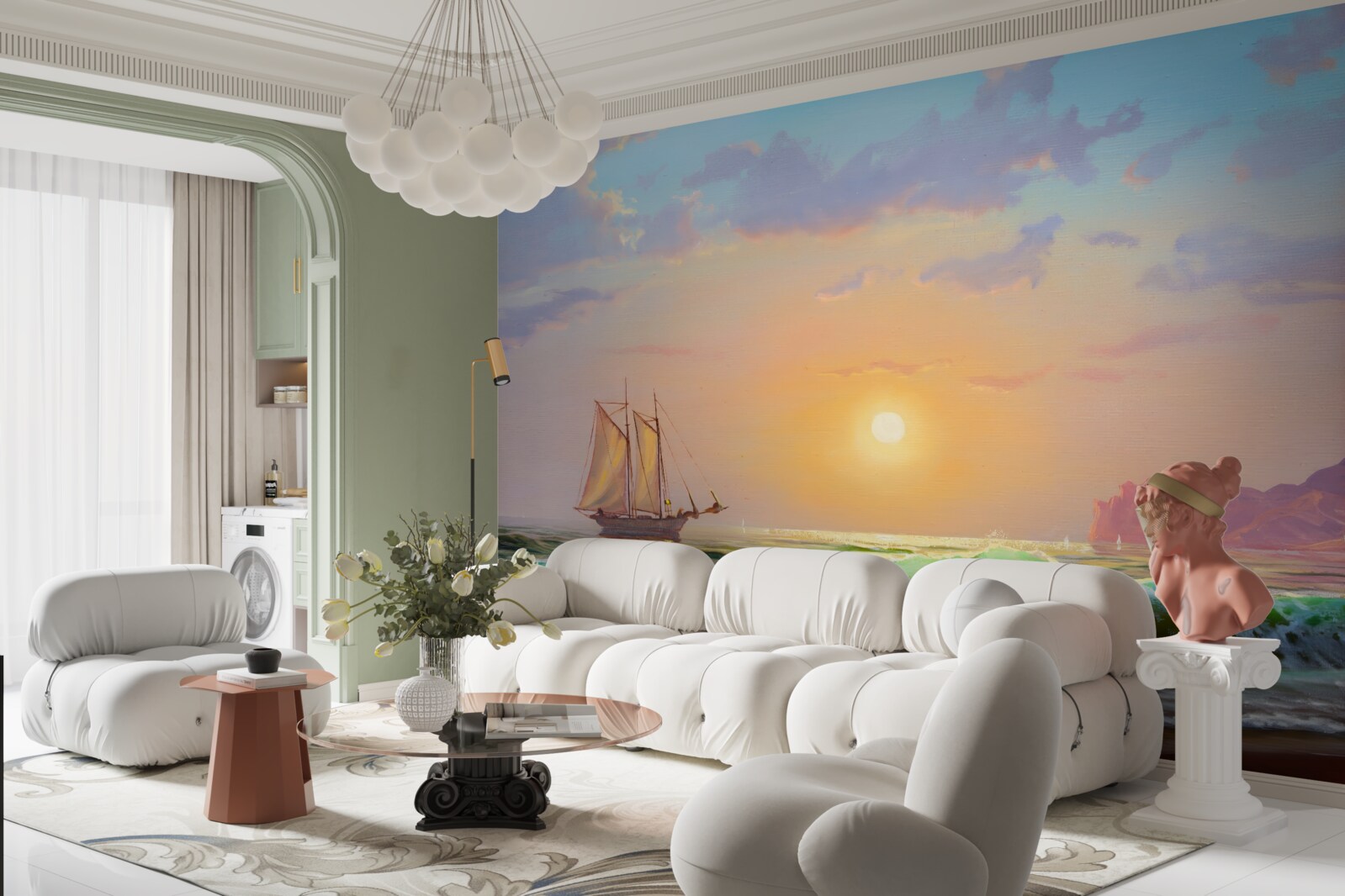 Фотошпалери корабель пливе на тлі заходу сонця