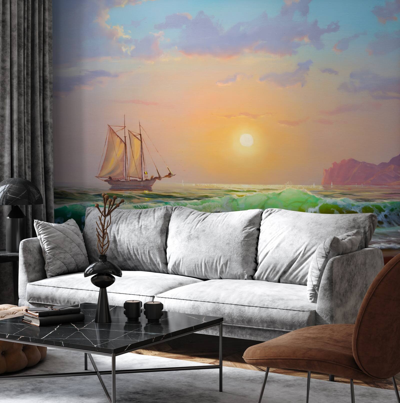 Фотошпалери корабель пливе на тлі заходу сонця