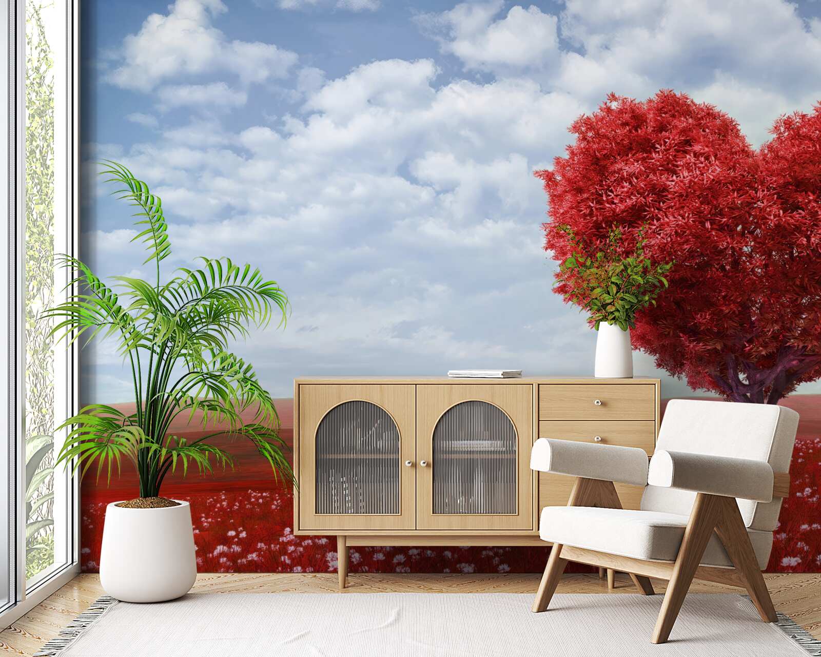 Фотошпалери дерево у формі серця з червоним листям