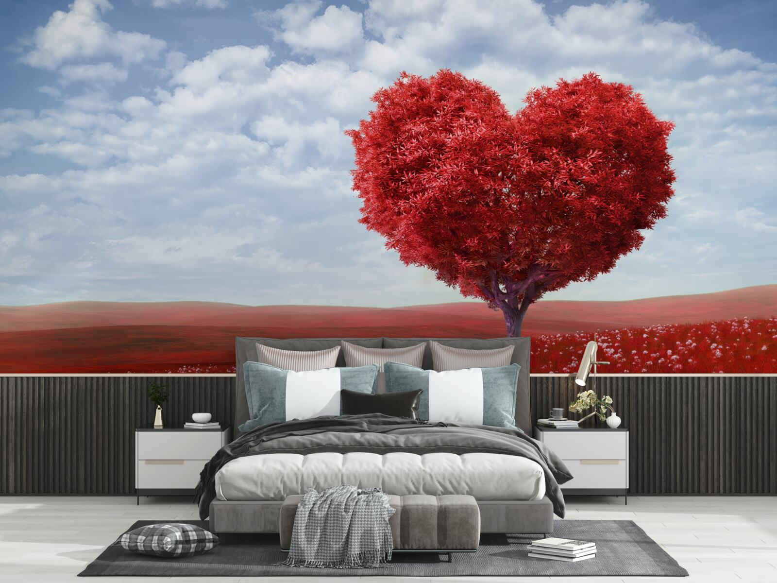Фотошпалери дерево у формі серця з червоним листям
