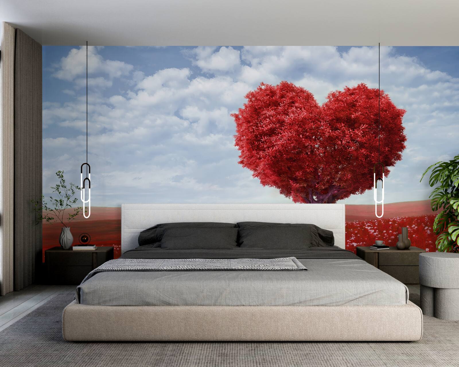 Фотошпалери дерево у формі серця з червоним листям