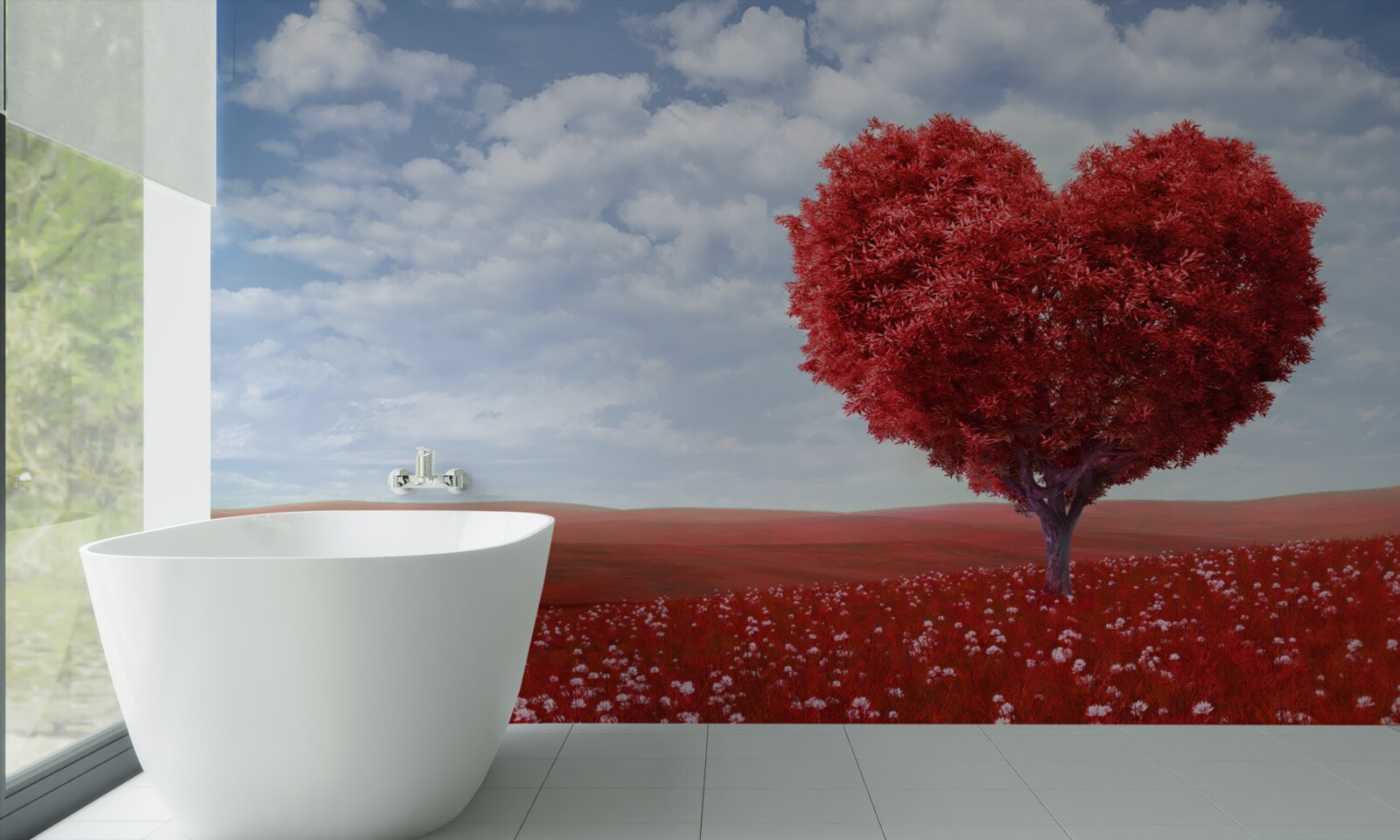 Фотошпалери дерево у формі серця з червоним листям