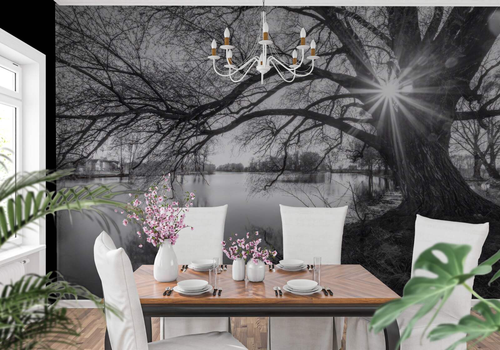 Фотошпалери промінь сонячного світла пробивається крізь гілки дерева біля води