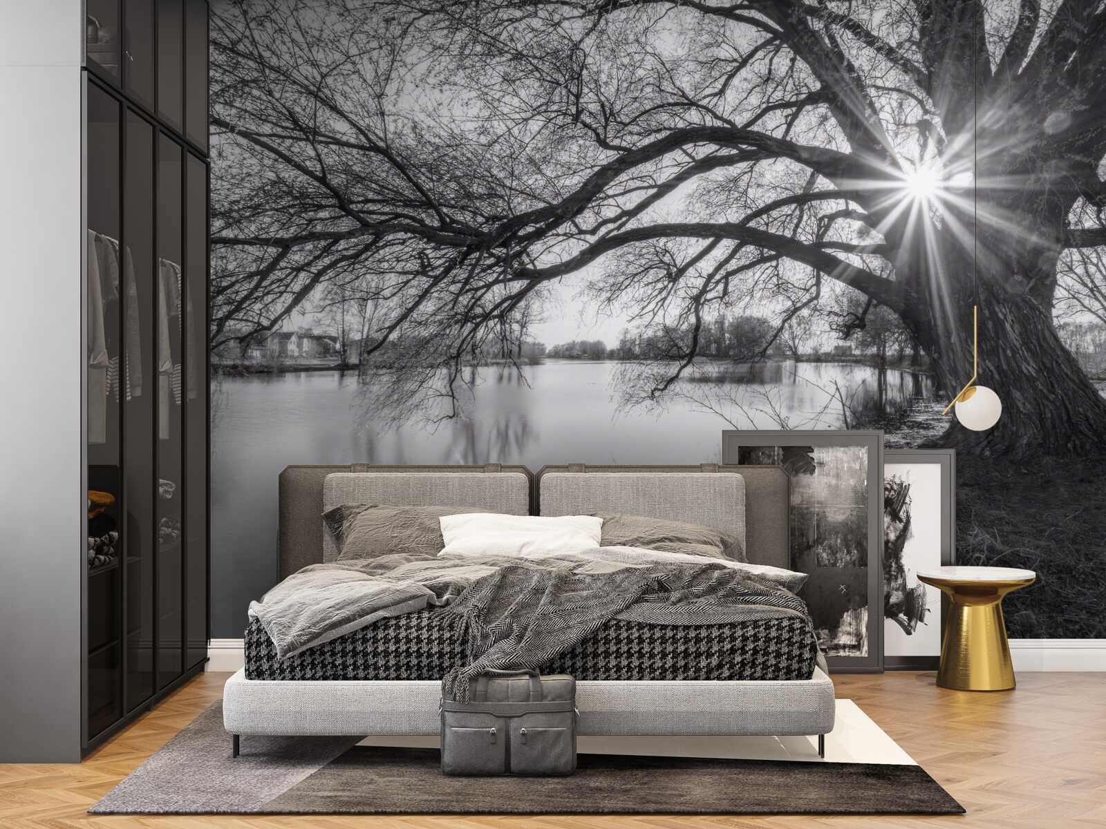 Фотошпалери промінь сонячного світла пробивається крізь гілки дерева біля води