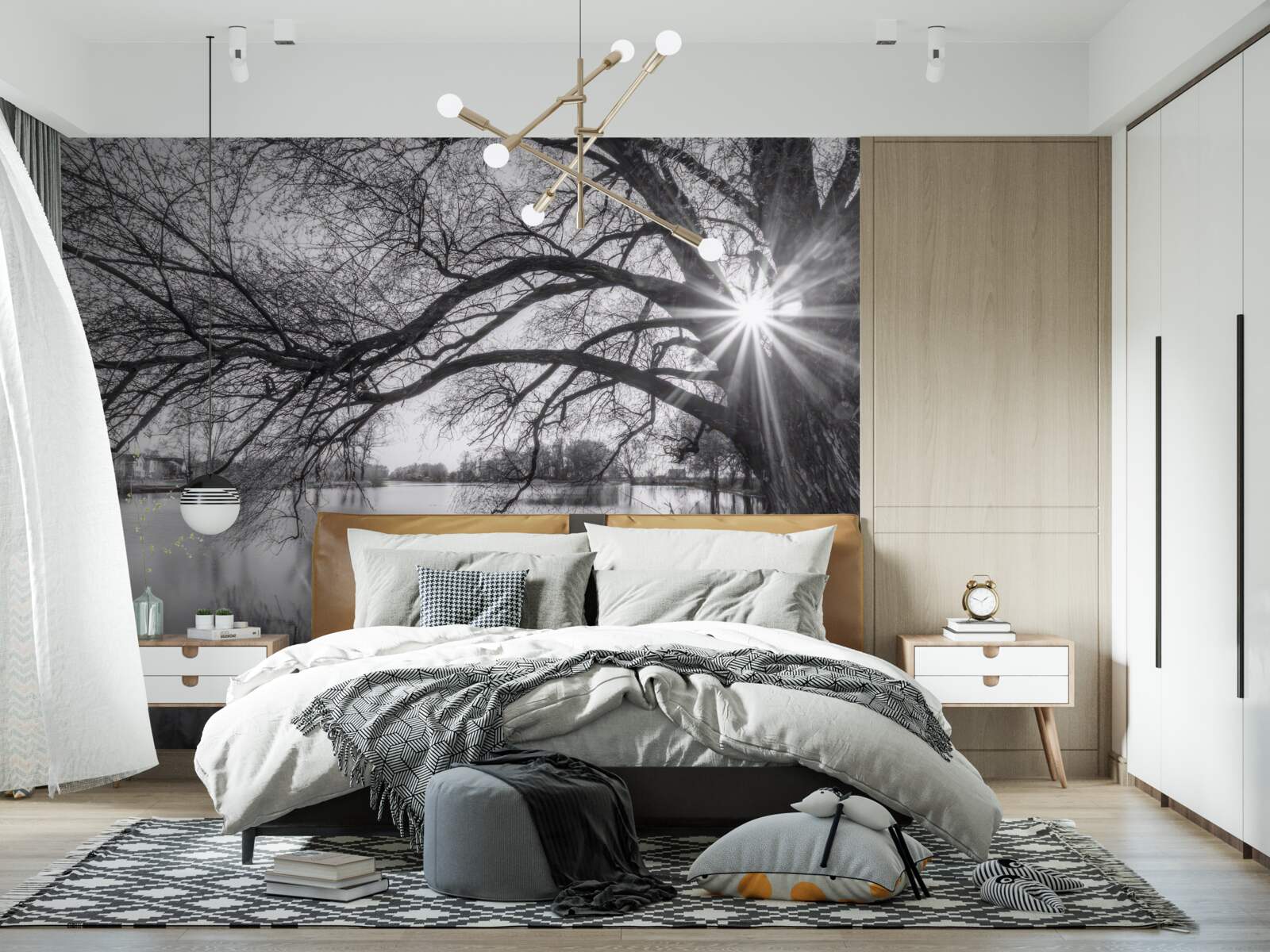 Фотошпалери промінь сонячного світла пробивається крізь гілки дерева біля води