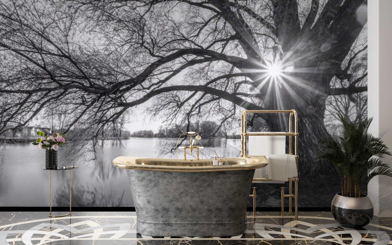 Фотошпалери промінь сонячного світла пробивається крізь гілки дерева біля води