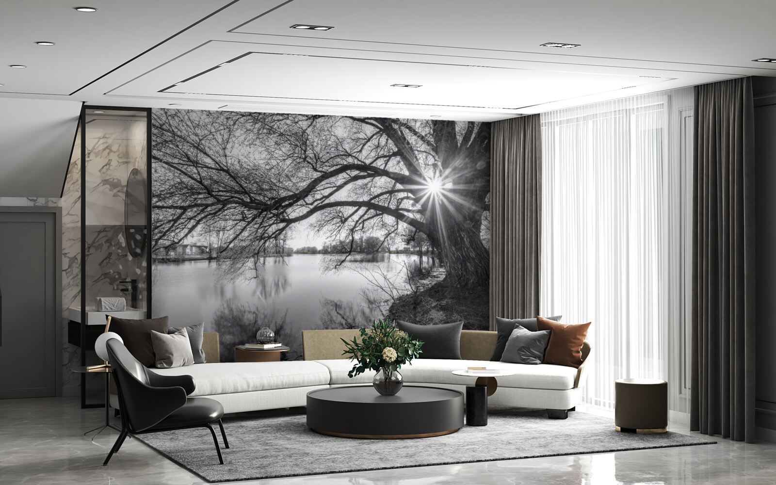 Фотошпалери промінь сонячного світла пробивається крізь гілки дерева біля води