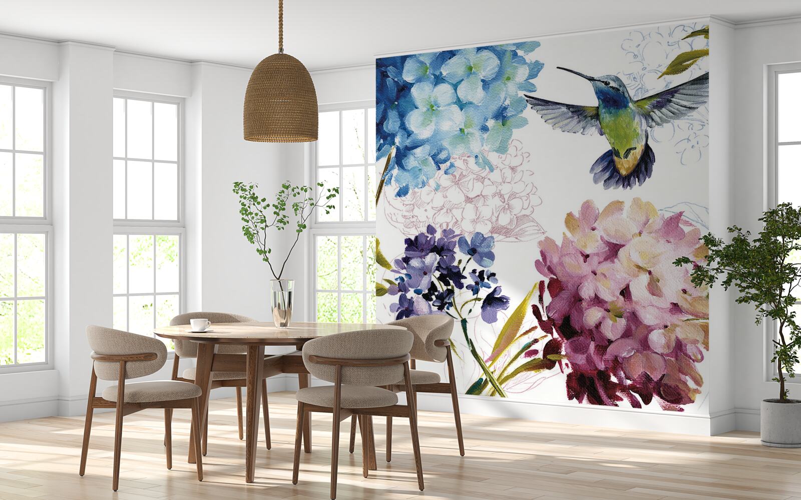 Фотошпалери колібрі, зображений серед квітів