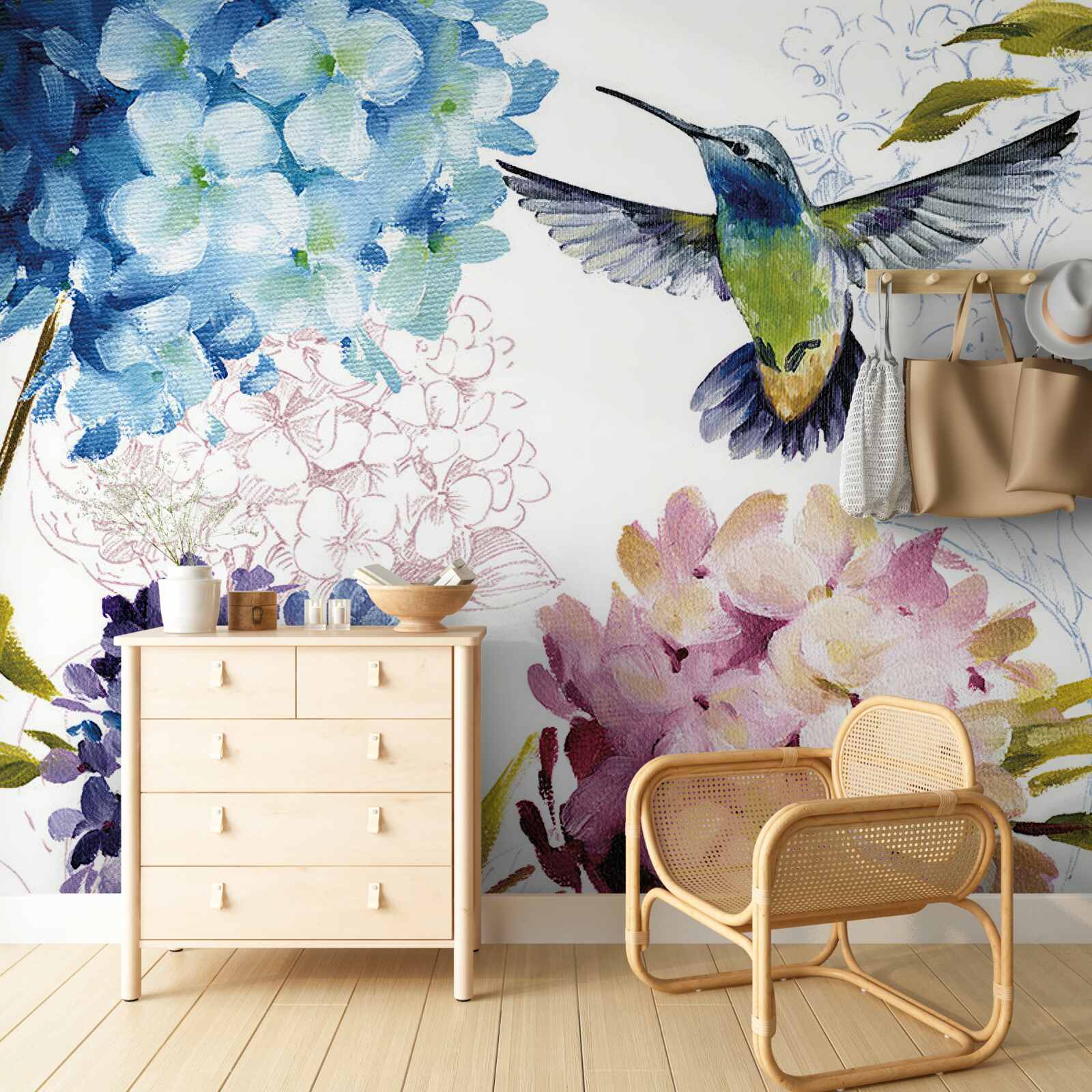 Фотошпалери колібрі, зображений серед квітів