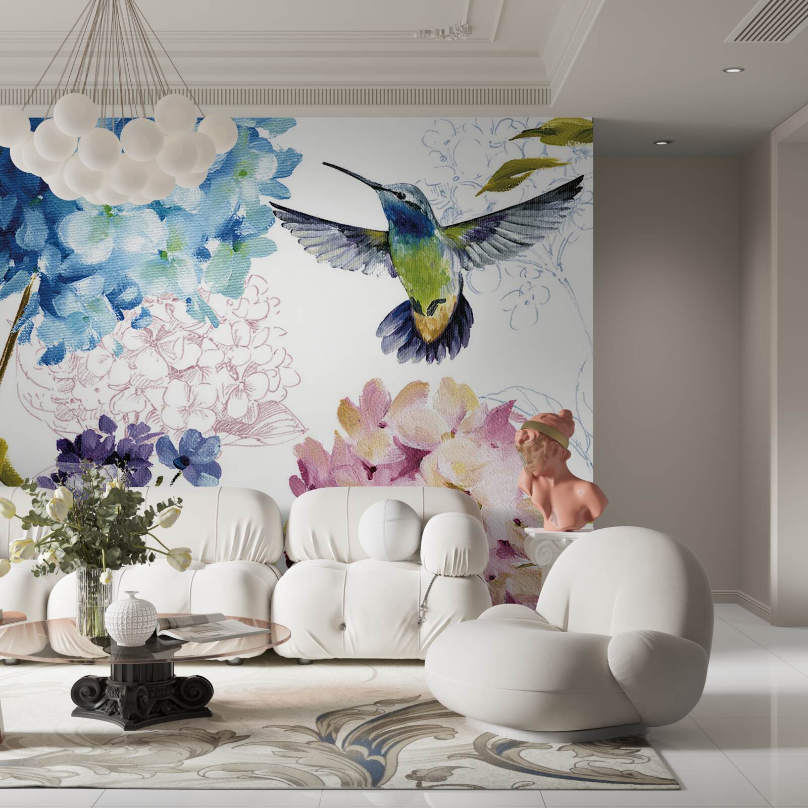 Фотошпалери колібрі, зображений серед квітів