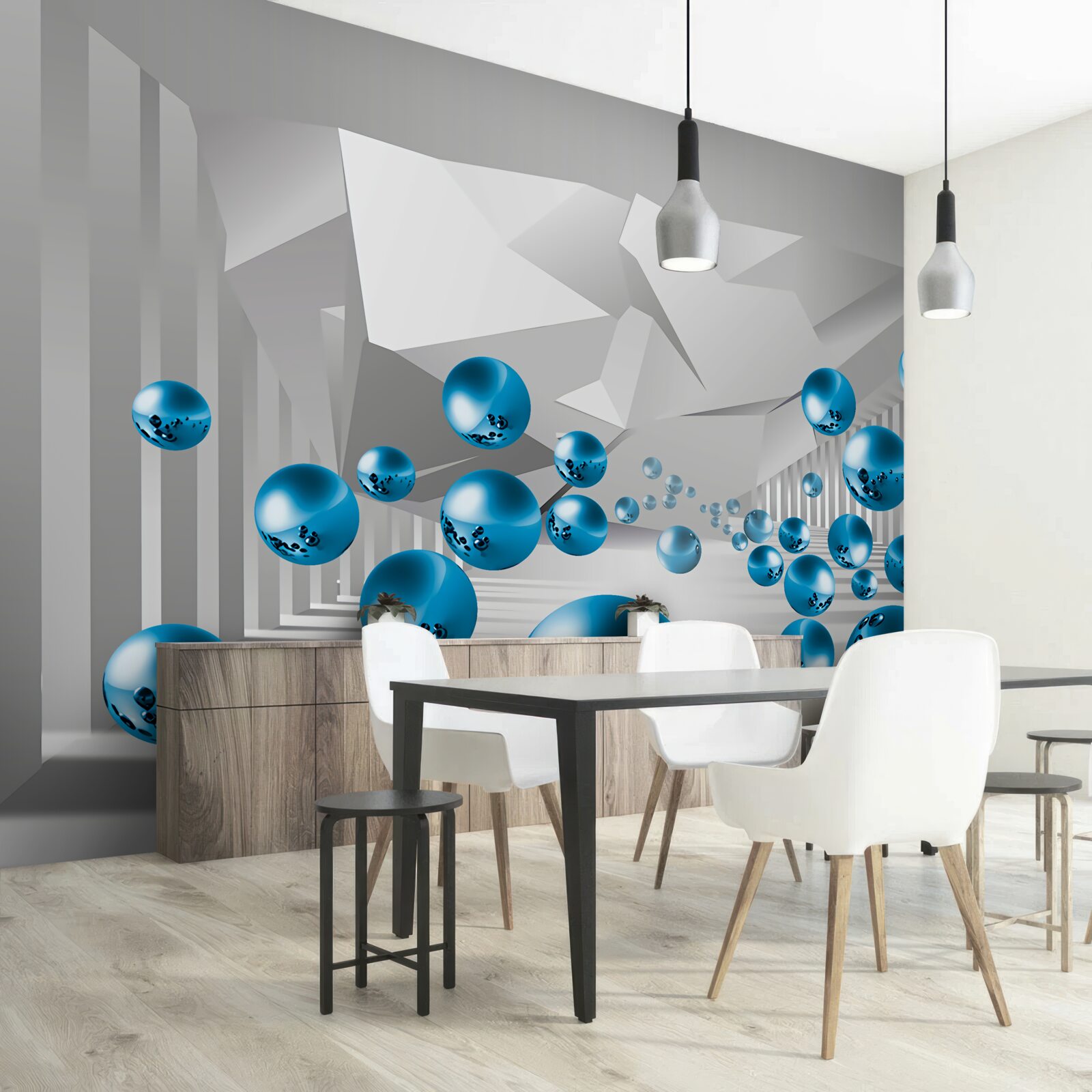 Фотошпалери об'ємні сині кулі в коридорі