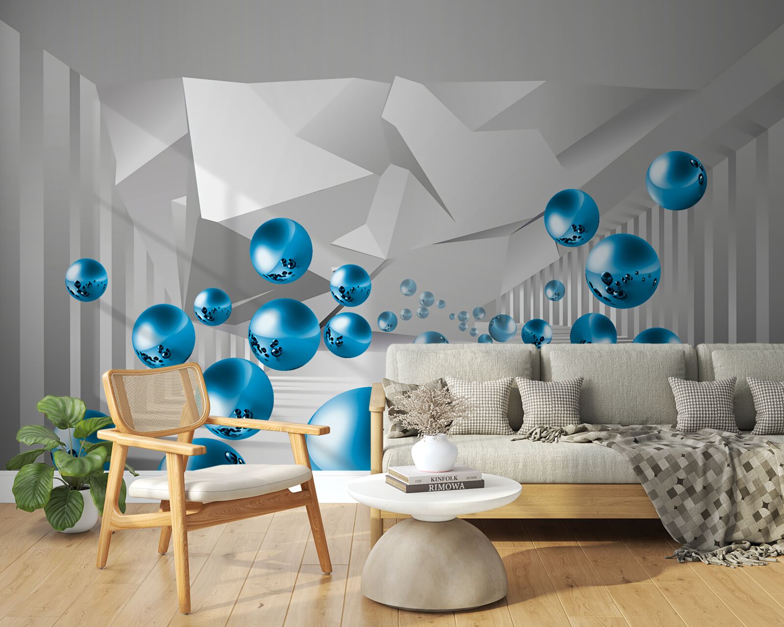 Фотошпалери об'ємні сині кулі в коридорі