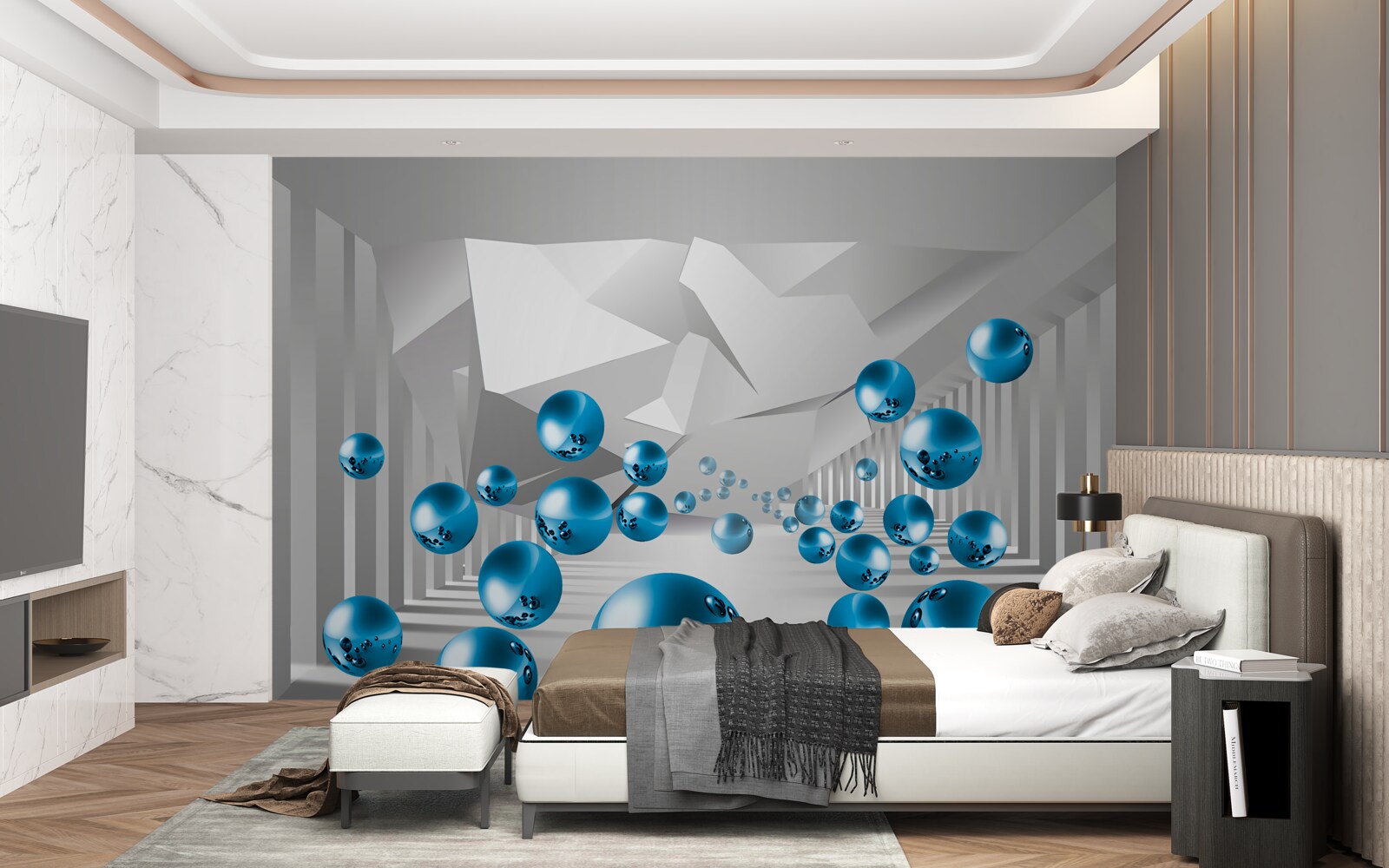 Фотошпалери об'ємні сині кулі в коридорі