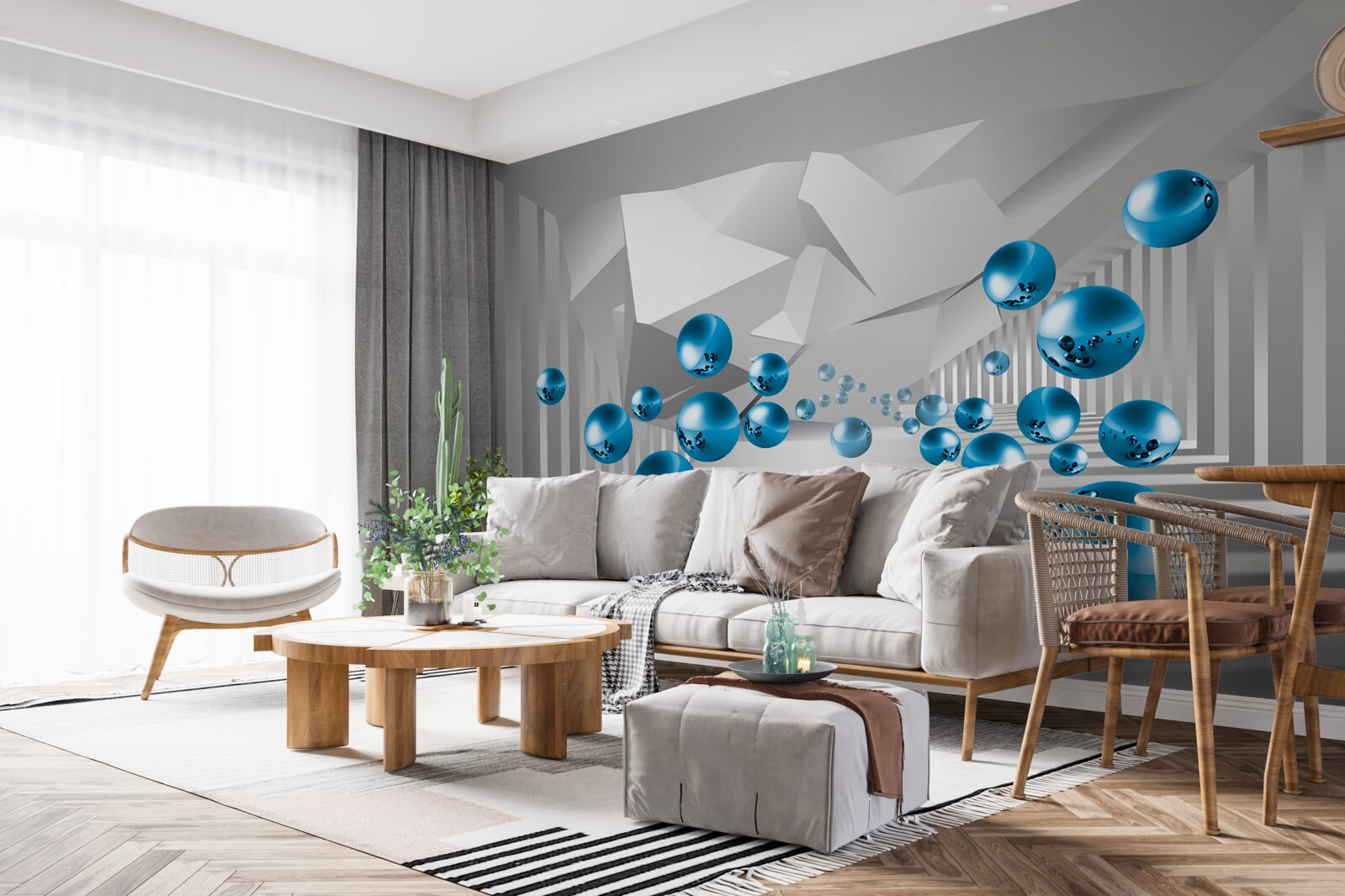 Фотошпалери об'ємні сині кулі в коридорі