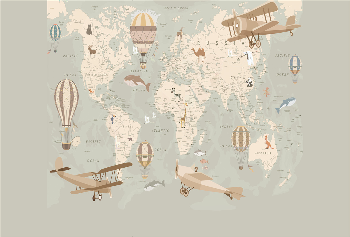 Фотошпалери карта світу та різні види повітряного транспорту
