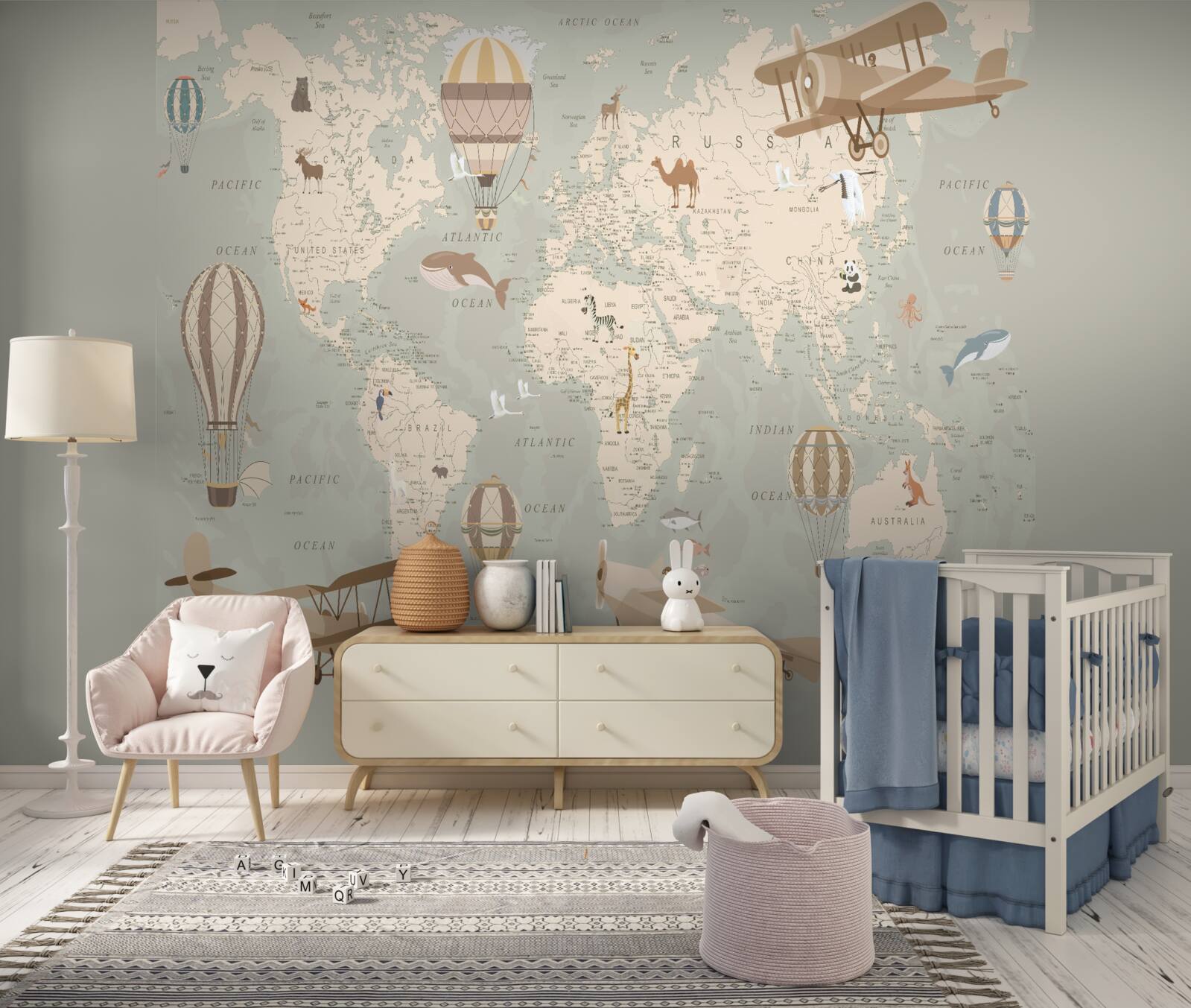 Фотошпалери карта світу та різні види повітряного транспорту