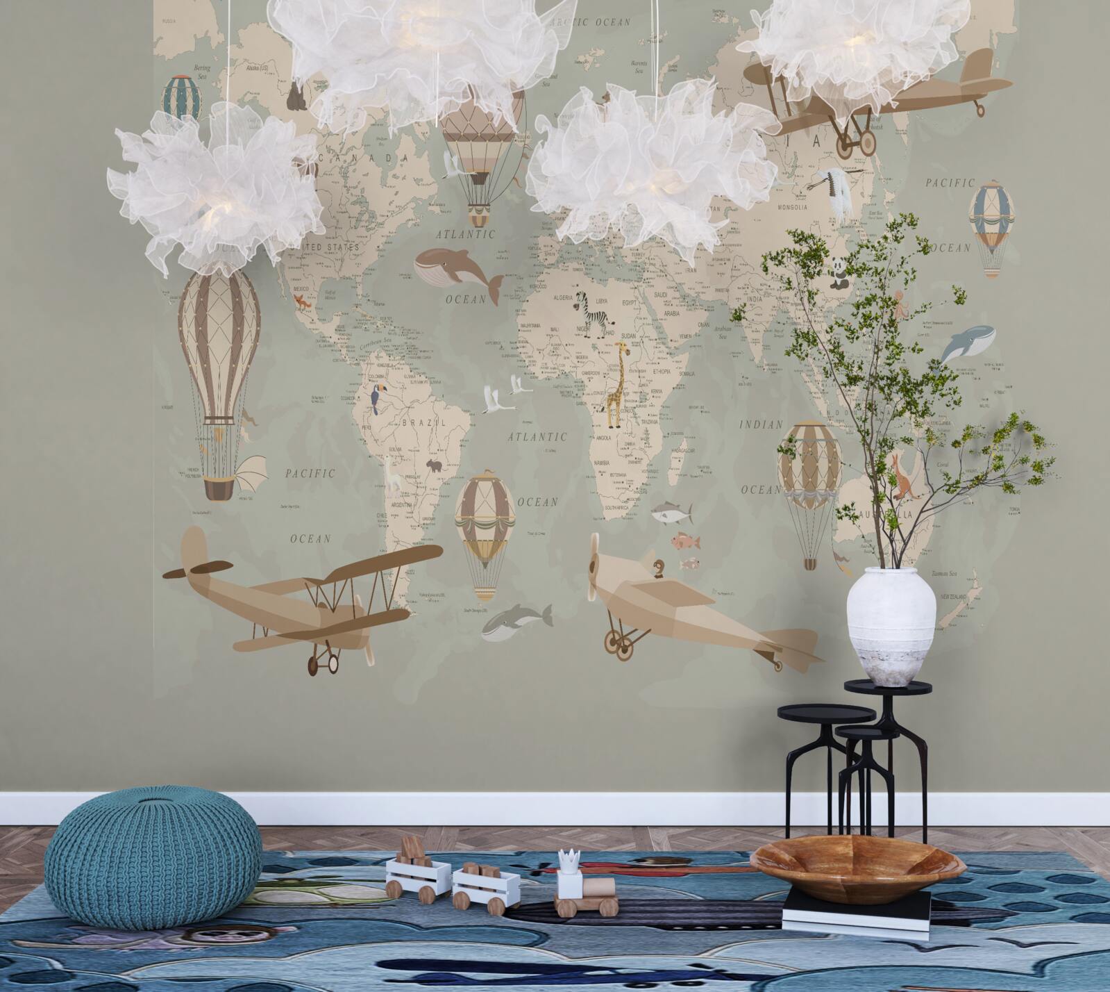 Фотошпалери карта світу та різні види повітряного транспорту