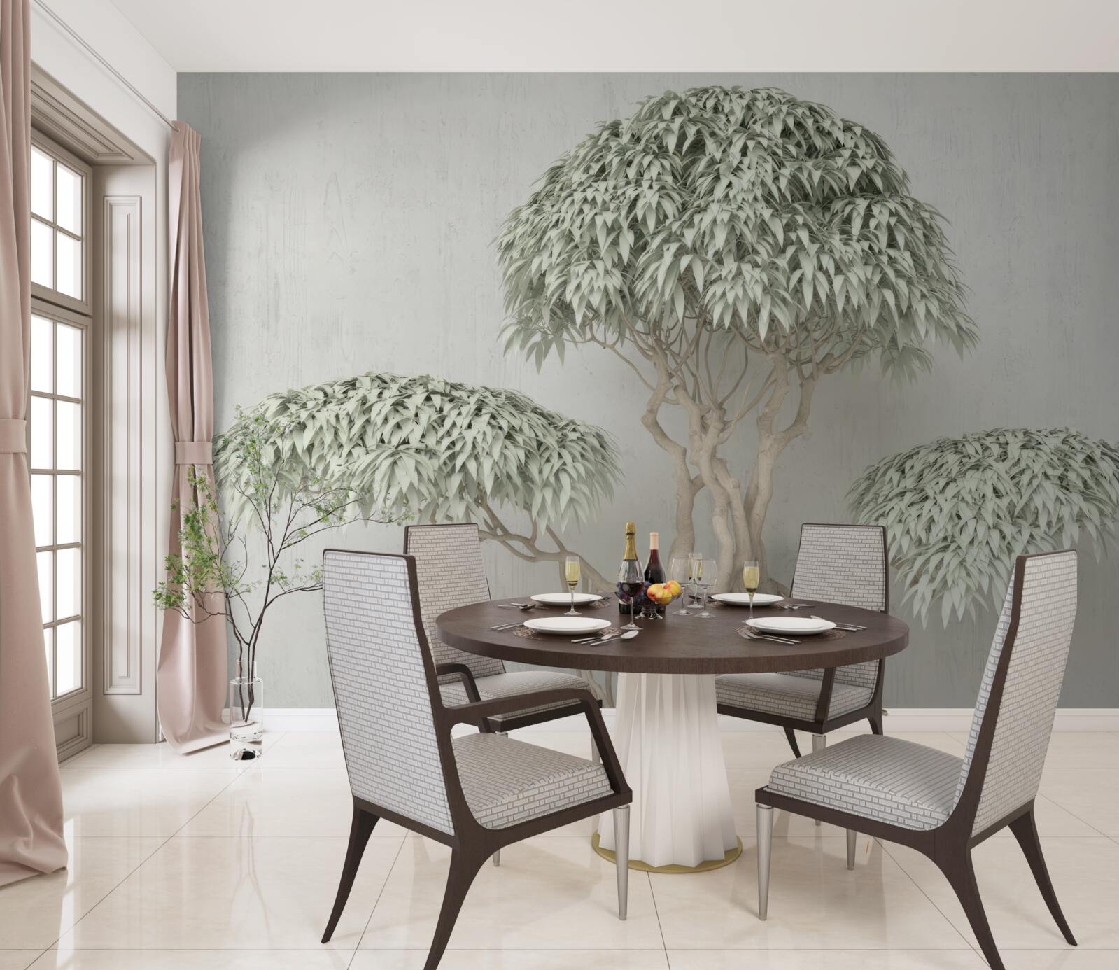 Фотошпалери дерево з листям на сірому тлі