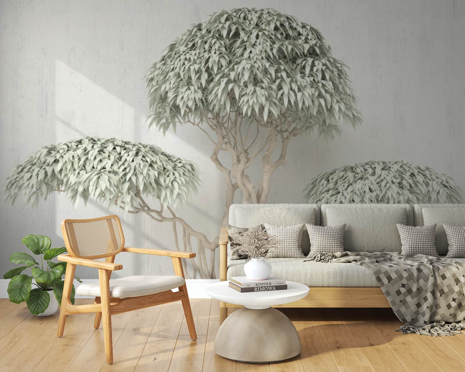 Фотошпалери дерево з листям на сірому тлі